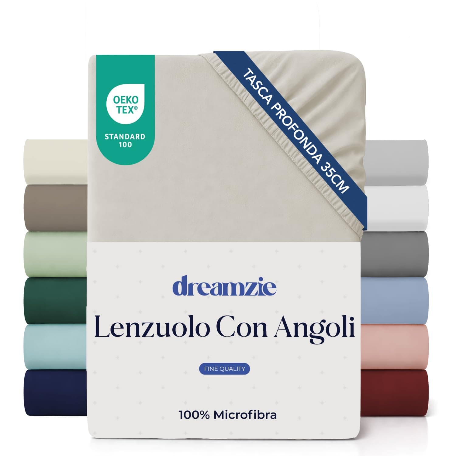 Dreamzie lenzuola con angoli Matrimoniale 180 x 200 cm - Angoli da 35 cm per Materassi Spessi - 100% Microfibra - Beige, Certificato senza Prodotti Chimici (Oeko-TEX)