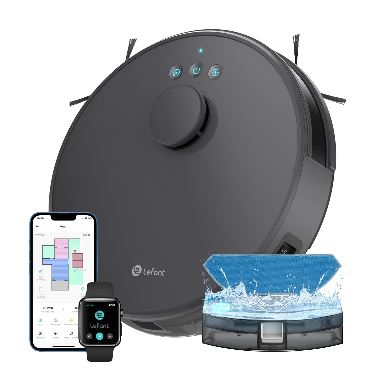 Lefant M1 Robot Aspirapolvere Lavapavimenti con Mappatura Laser dToF, Doppia Spazzola Laterale, 5500Pa, Batteria 4000mAh 200 Min, Controllo APP Alexa Google, Design Slim per Case Moderne, Grigio