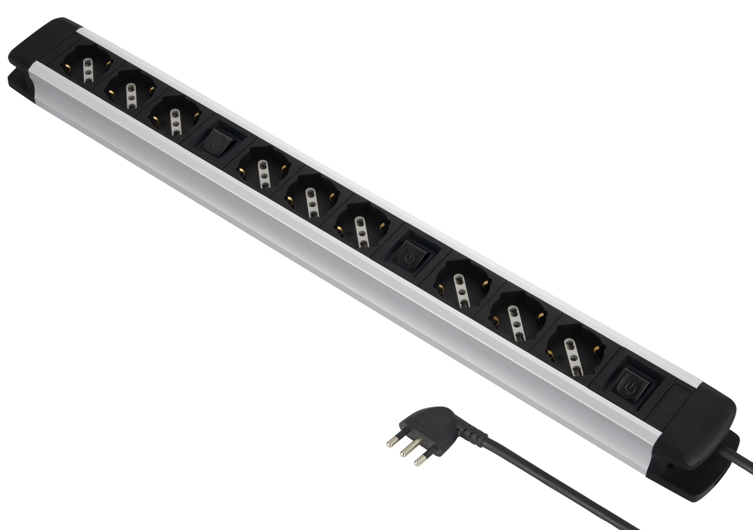 Electraline 61900, Multipresa Alu-Line 9 Posti Polivalenti (Schuko+10/16A) e 3 Interruttori Luminosi (3 Prese per Interruttore), 2M, con Corpo in Alluminio, Argento/Nero