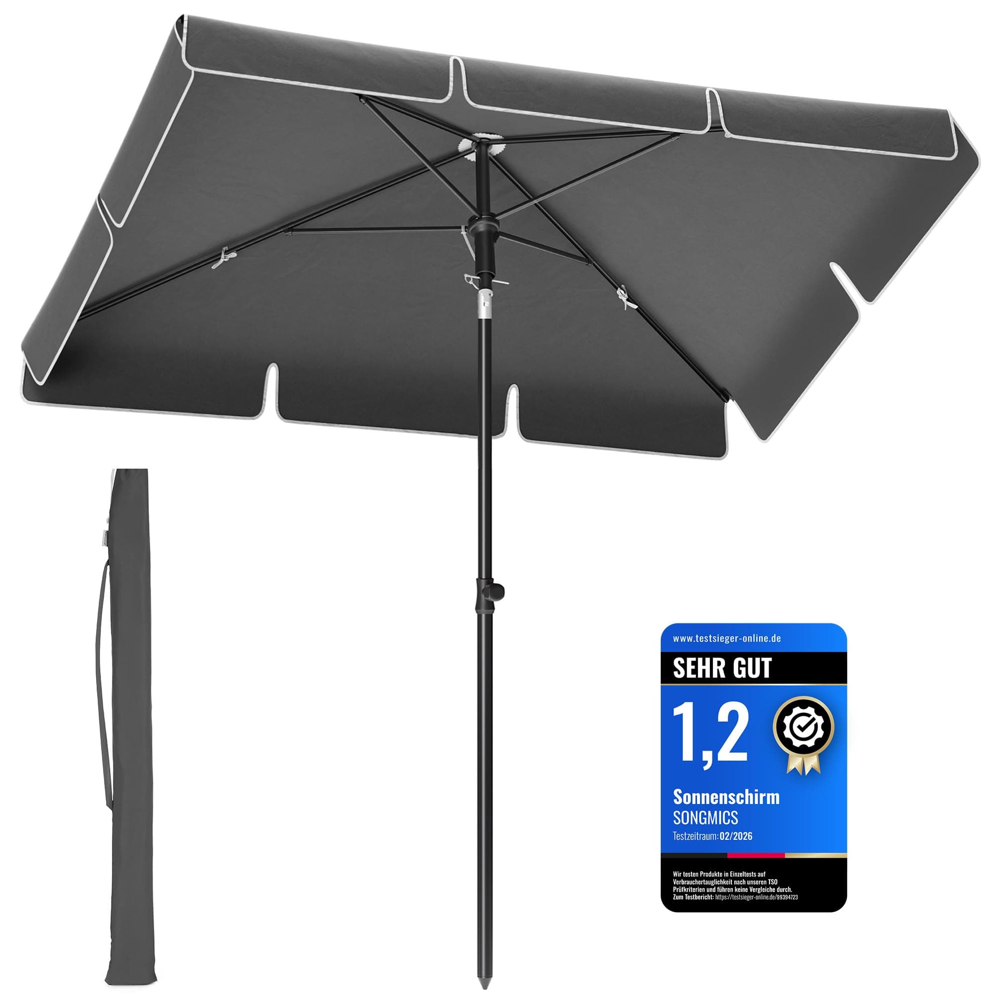 SONGMICS Sonnenschirm 180 x 125 cm, Balkonschirm UPF 50+, Sonnenschutz, beidseitig um 30° knickbar, höhenverstellbar, mit Aufbewahrungstasche, für Garten, Terrasse, ohne Ständer, grau GPU180G01