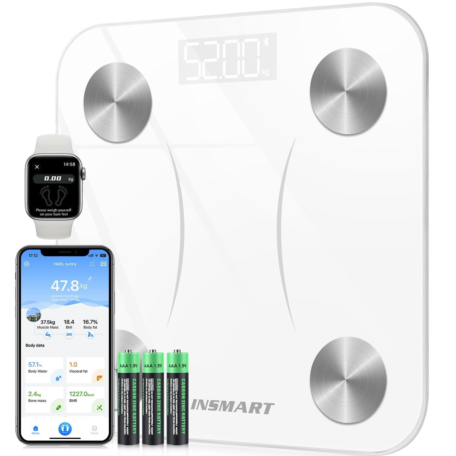 Bilancia Pesapersone Digitale Professionale, INSMART Bilancia Impedenziometrica Smart Bluetooth con 16 Indici di Misurazione Pesa Persone, Massa Grassa e Magra, BMI, Massa Muscolare o Ossea, 180KG