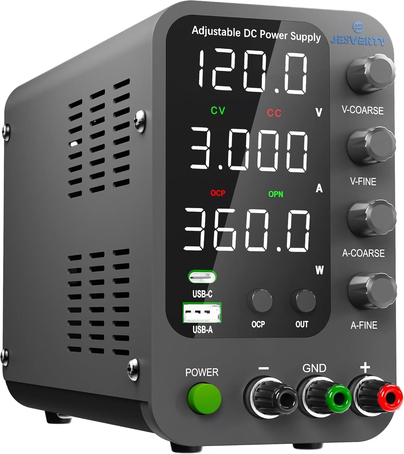 Alimentatore CC variabile, alimentatore da banco commutabile 120V,3A con ricarica rapida USB e Type-C da 20W, manopola di regolazione fine e di corasione dell'encoder,interruttore di uscita SPS-12003V