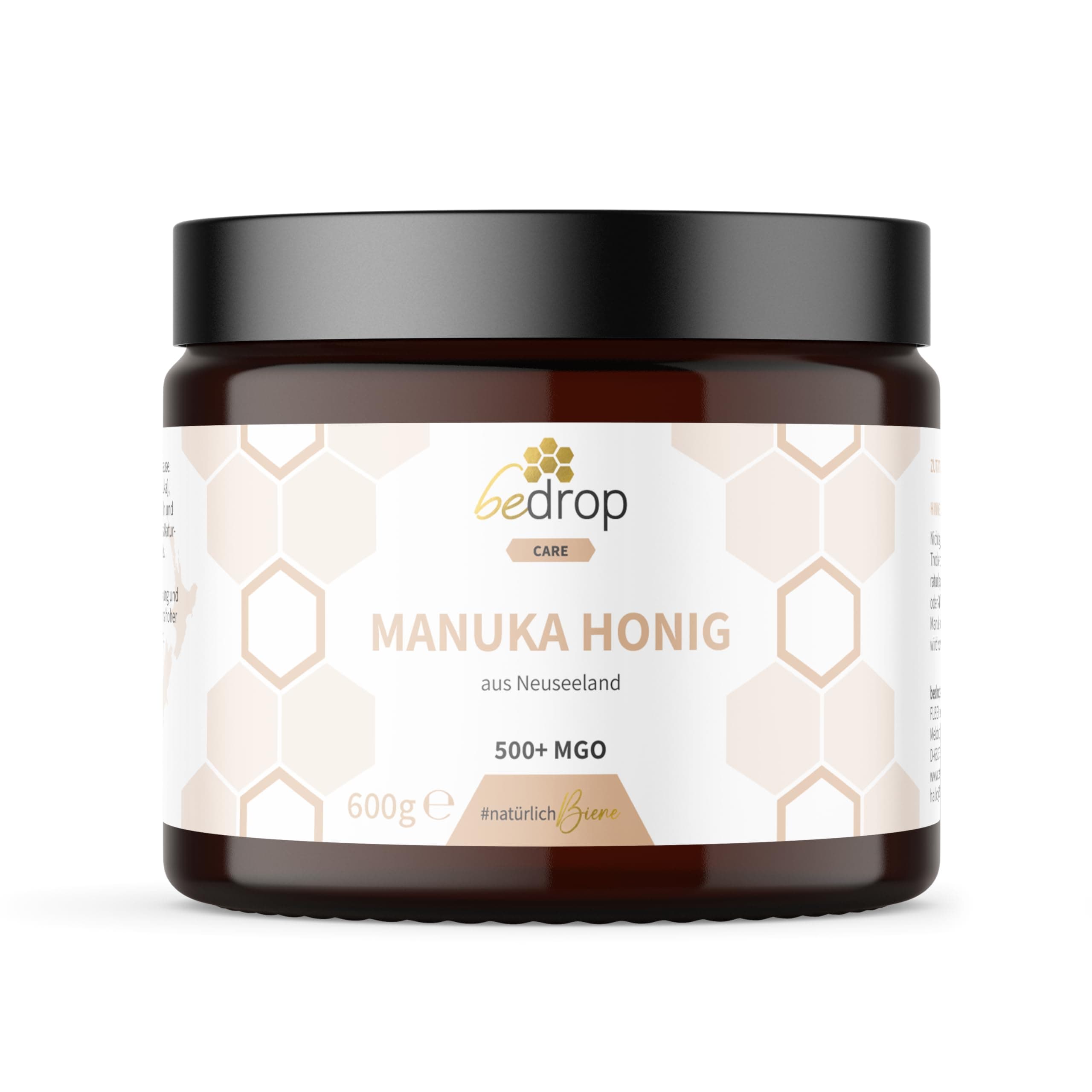 bedrop Manuka Honig mit MGO 500+ 600g XXL Glas - 100% echter Premium Manukahonig aus Neuseeland mit zertifiziertem Methylglyoxal Gehalt (Analyse-Zertifikat)