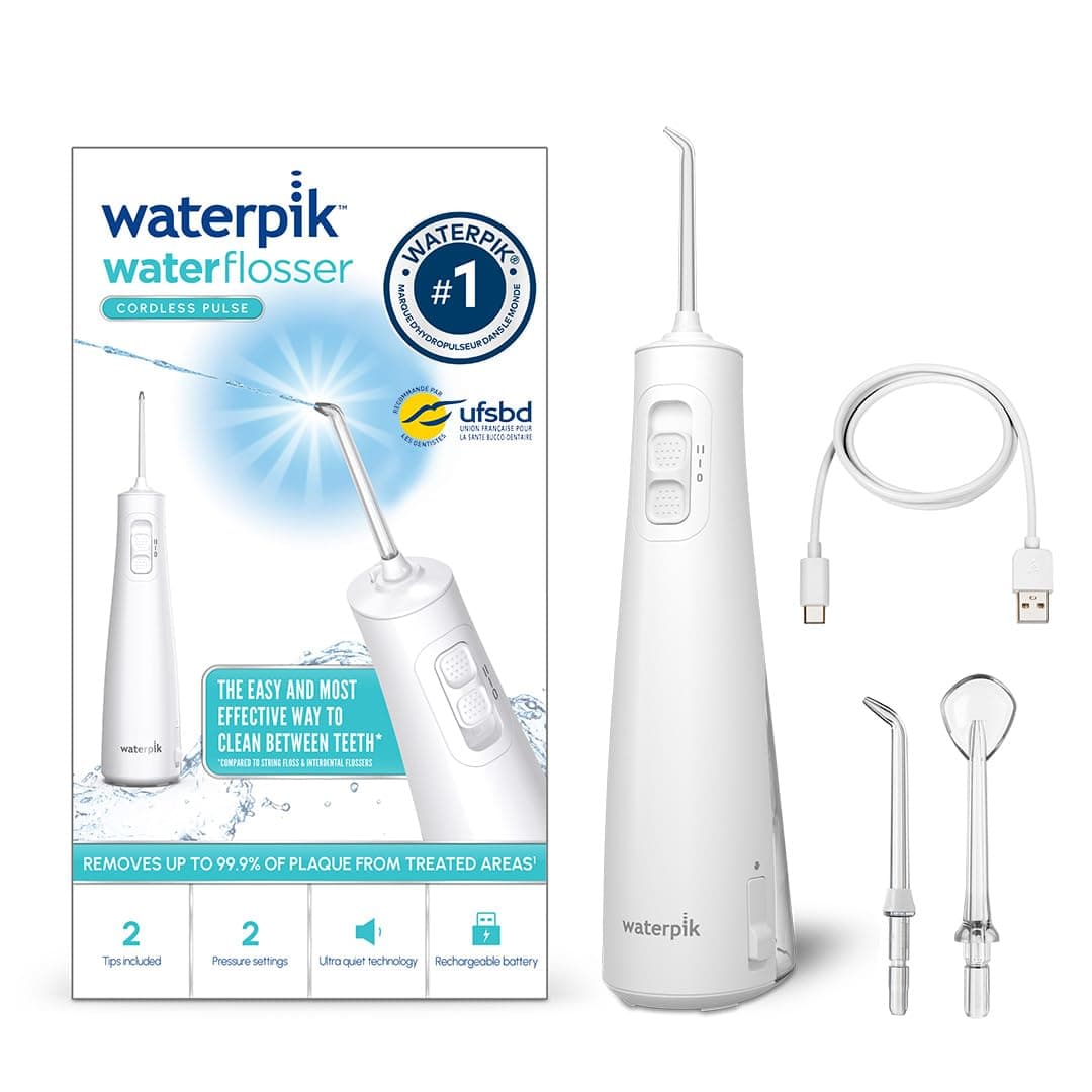 Waterpik WF-20 Pulse, Hydropulseur Sans Fil, Recommandé par l’UFSBD, Jet dentaire Rechargeable, Elimine la Plaque, 2 Niveaux de Pression, 45 Secondes de Nettoyage, 2 Embouts Inclus, Waterproof, Blanc