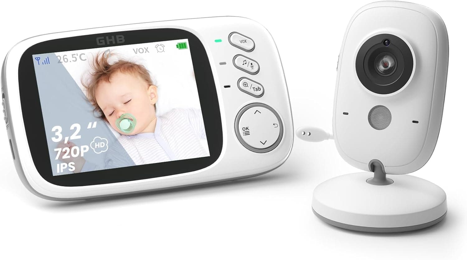GHB Camara Vigilancia Bebe Vigilabebes con Camara con Pantalla 3.2" 720P HD | Vigilabebes VOX, Visión Nocturna, Despertador, Comunicación Bidirecciona Escucha Bebes