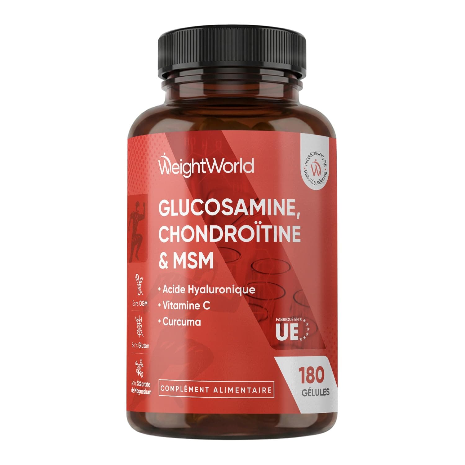 Glucosamine Chondroïtine MSM Vitamine C 180 Gélules - Enrichi en Curcuma, Acide Hyaluronique & Vit C Acide L Ascorbique - Complexe Glucosamine Chondroïtine sans OGM ni sans Gluten