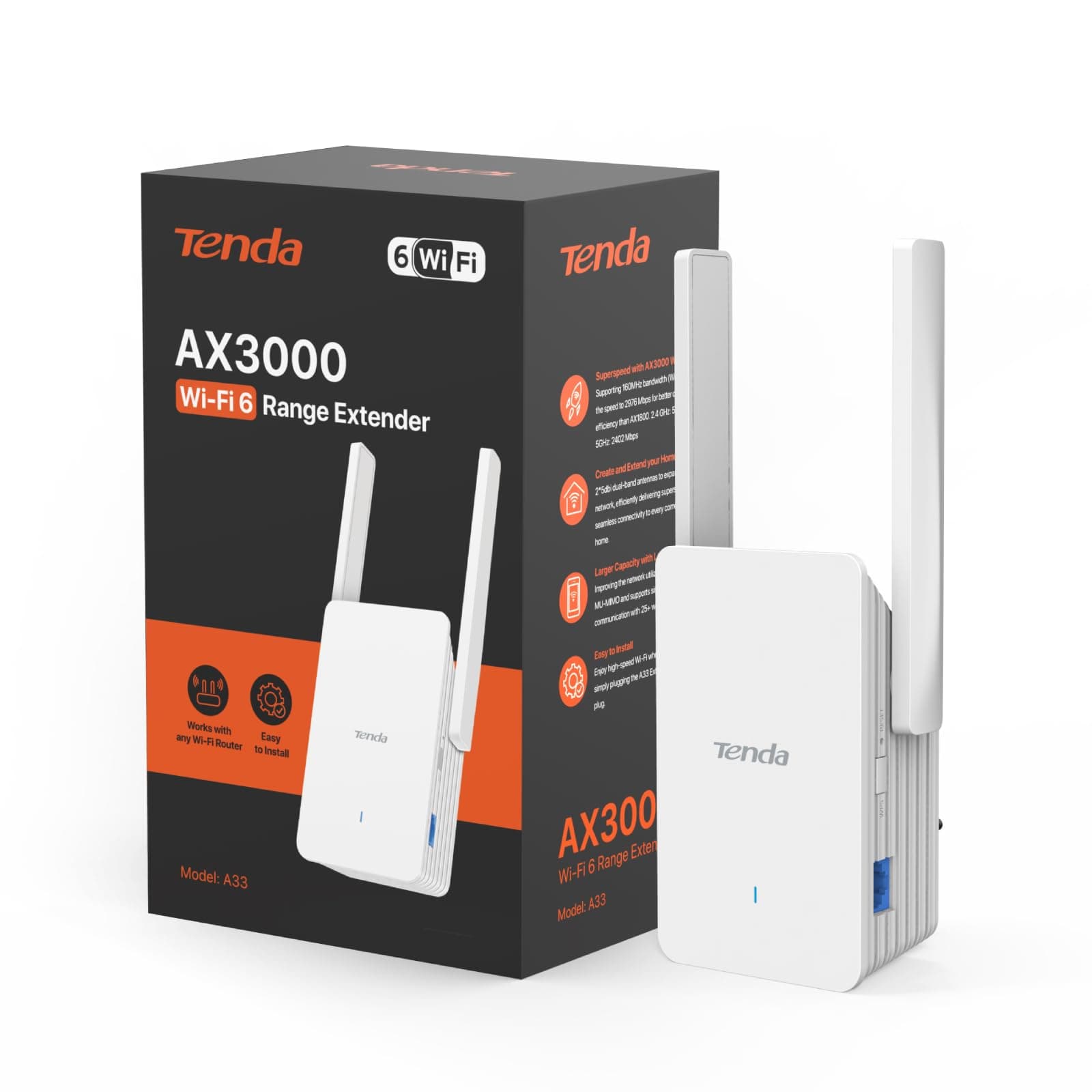 Tenda A33 Repetidor Wi-Fi 6 AX3000, Amplificador Señal WiFi, Doble Banda 2.4 GHz/5GHz, Extensor de Wi-Fi Compatible con Routers, Modo Ap, Botón WPS, Señal LED Inteligente, Blanco
