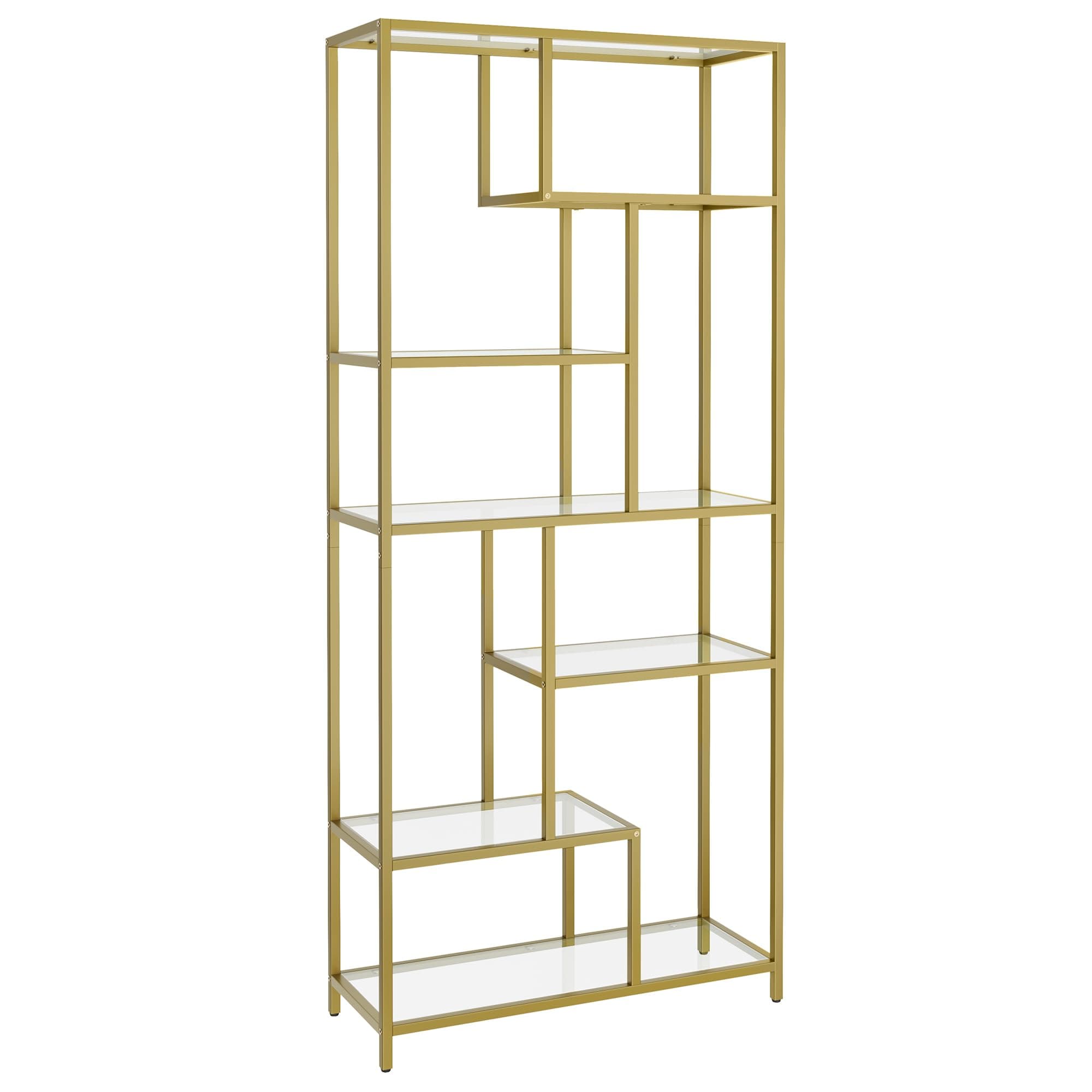 VASAGLE Librería, Estantería para Libros de 6 Niveles, Estantería Vertical para Plantas, 30 x 80 x 180 cm, Vidrio Templado, para Estudio, Salón, Dormitorio, Cocina, Dorado Metálico LGT502A01