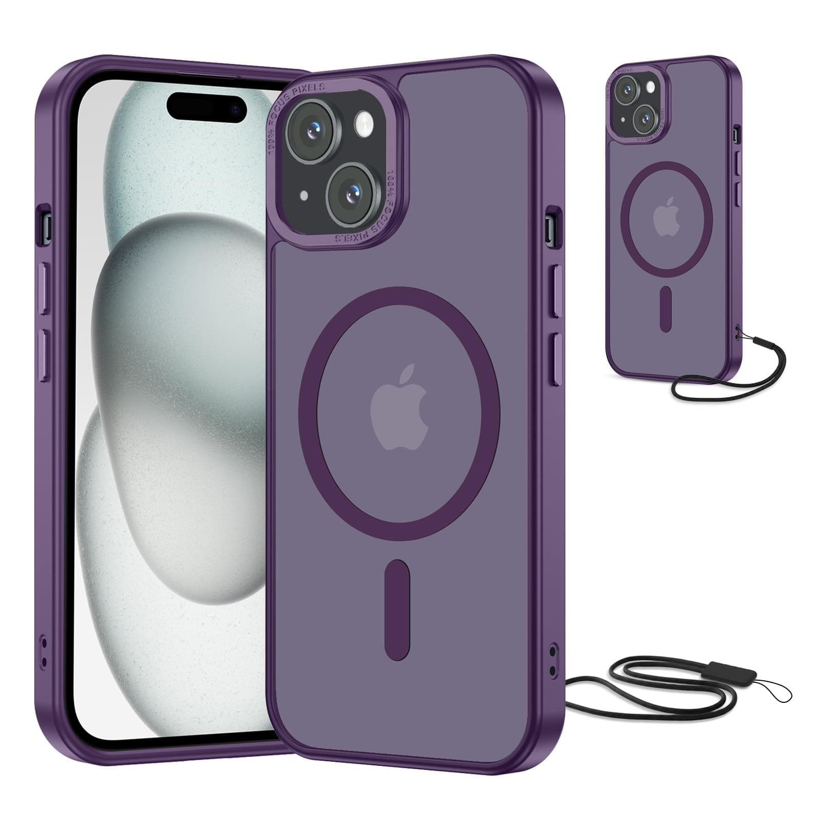NEW'C Magnétique Coque pour iPhone 15 (6,1 Pouces), Compatible avec MagSafe Antichoc Ultime avec Cordon – Magnétisme Puissant et Protection Militaire -Etui Translucide Mat - Violet