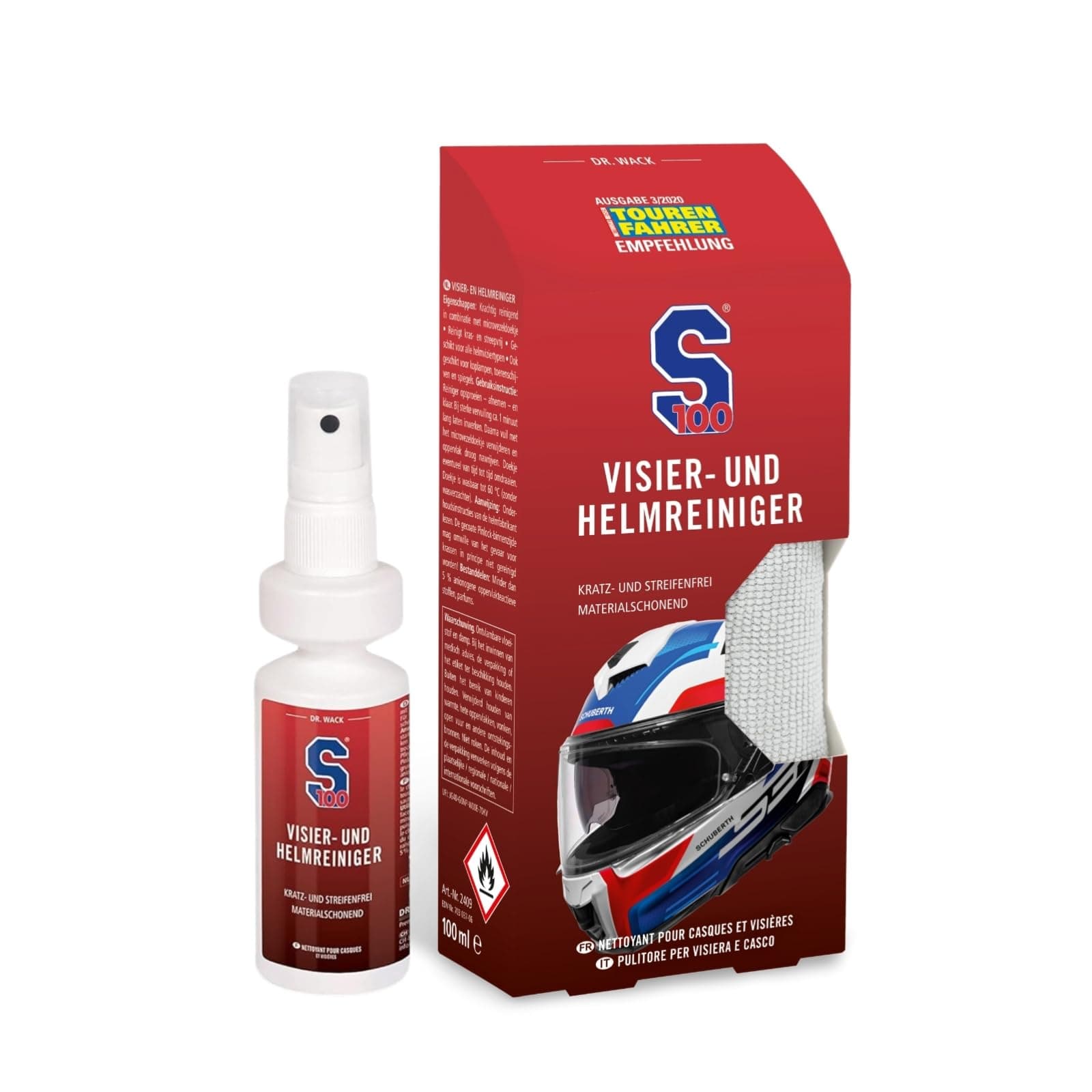DR. WACK - S100 Visier- & Helmreiniger 100 ml inkl. Mikrofasertuch - Reiniger für Motorradhelm - Kratzfreie Reinigung für unterwegs - Für alle Visiere geeignet - Hochwertige Motorradpflege