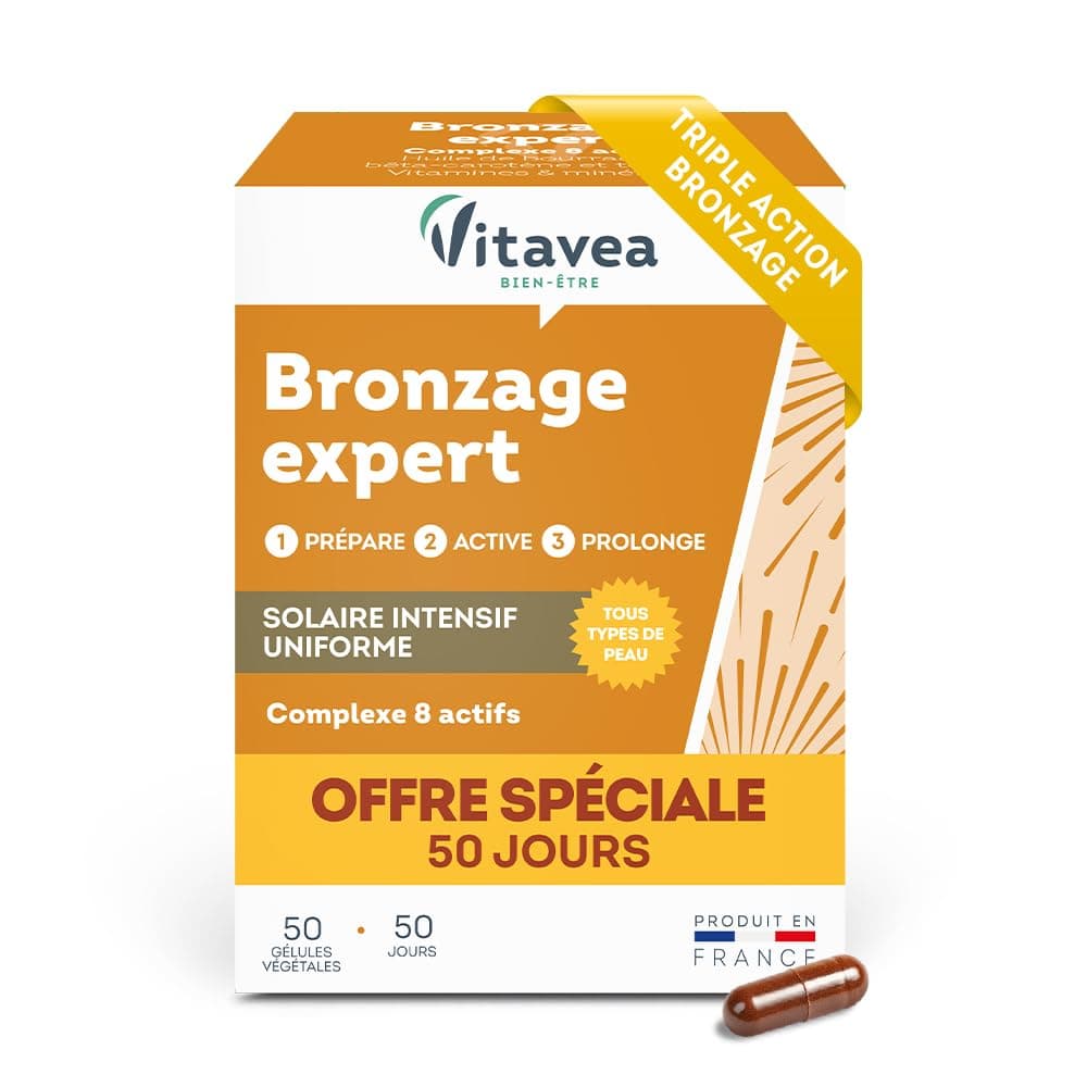Vitavea – Bronzage Expert – Offre spéciale 50 jours - Prolongateur de Bronzage après Soleil - Complément Alimentaire à l’Huile de Bourrache, Bêta-Carotène, Zinc, Vitamine E et Cuivre