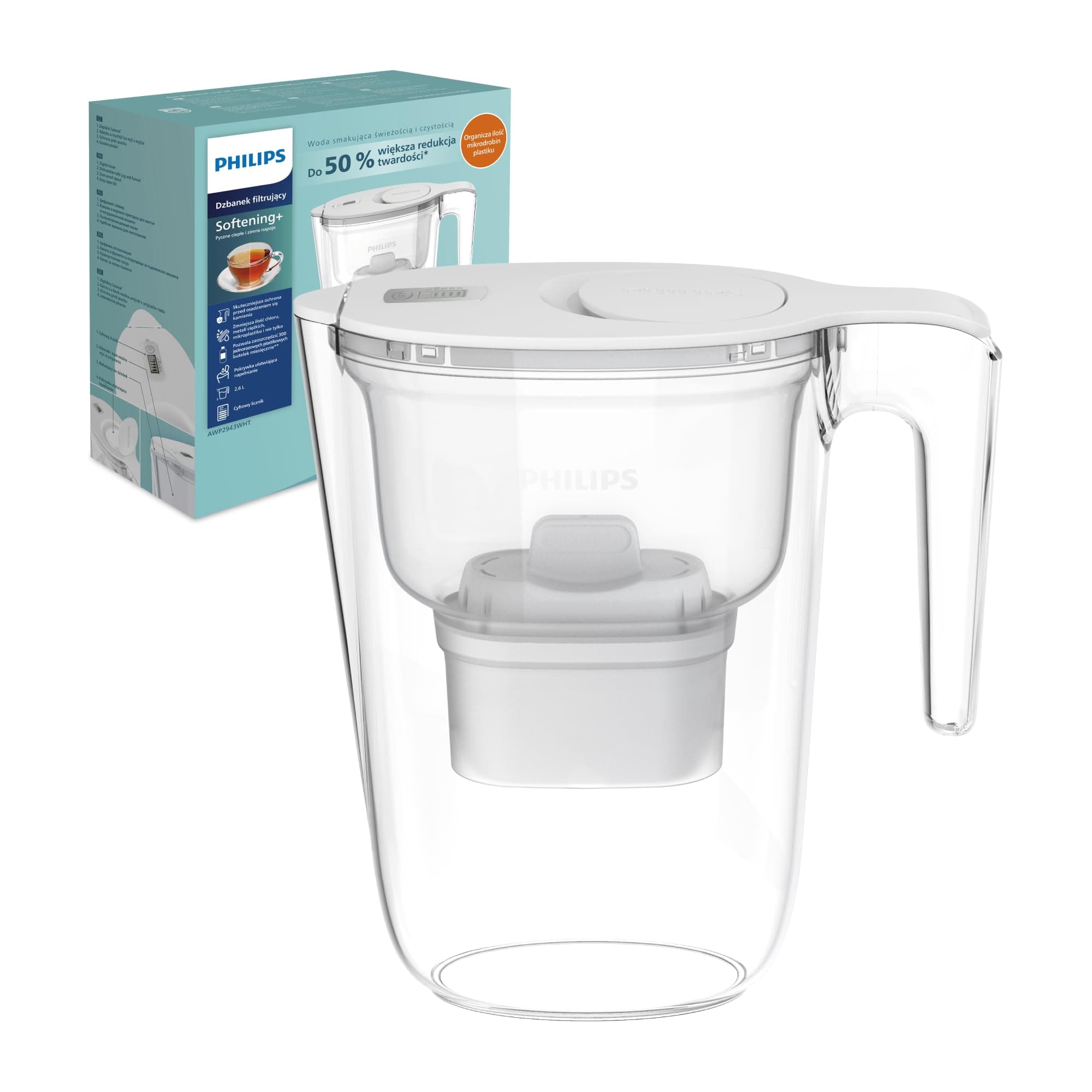 Philips Water Wasserfilterkanne +4 Antikalk+ Ersatzfilterkartuschen schneller Durchfluss elektronischer Timer reduziert Wasserhärte um bis zu 50 Prozent 2,6 L