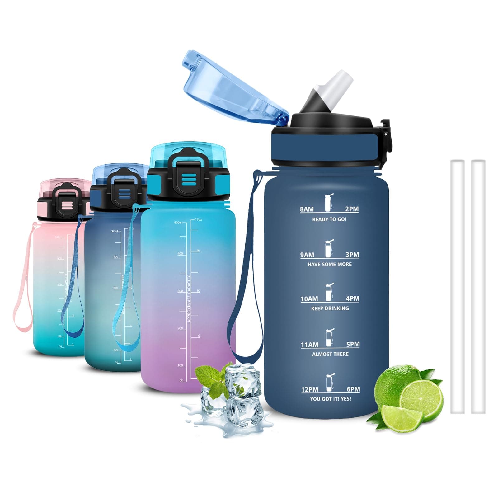 Mujigaga Borraccia, 500ml Borraccia Bambini, Borraccie con Cannuccia, Senza Perdite, Borracce Motivazionale, Facile da Pulire, Con Slogan Motivazionale, per Campeggio, Corsa, Viaggio