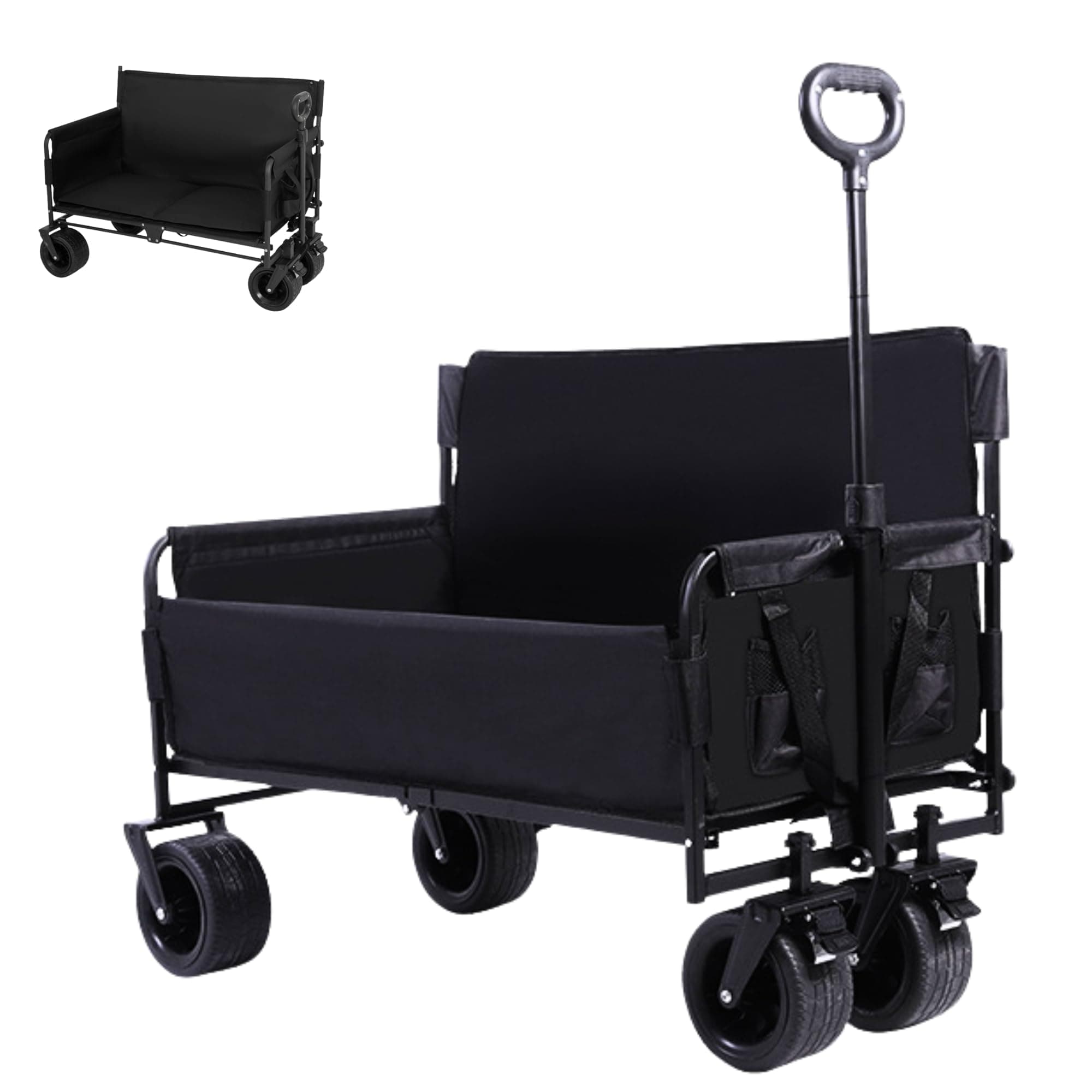 Carro Plegable de Playa y Camping, Carrito Todo Terreno con Ruedas Convertible en Asiento, Carretilla de Transporte con Bolsa y Mango Ajustable para Picnic, Jardín, Compras, Camping (93x45cm, 150L)