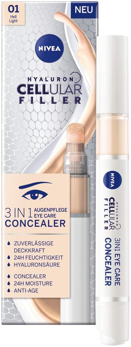 NIVEA Hyaluron Cellular Filler 3IN1 Augenpflege Concealer Hell (4 ml), Anti-Age Concealer mit Hyaluron, Abdeckstift für Augenringe, Rötungen und Pickel