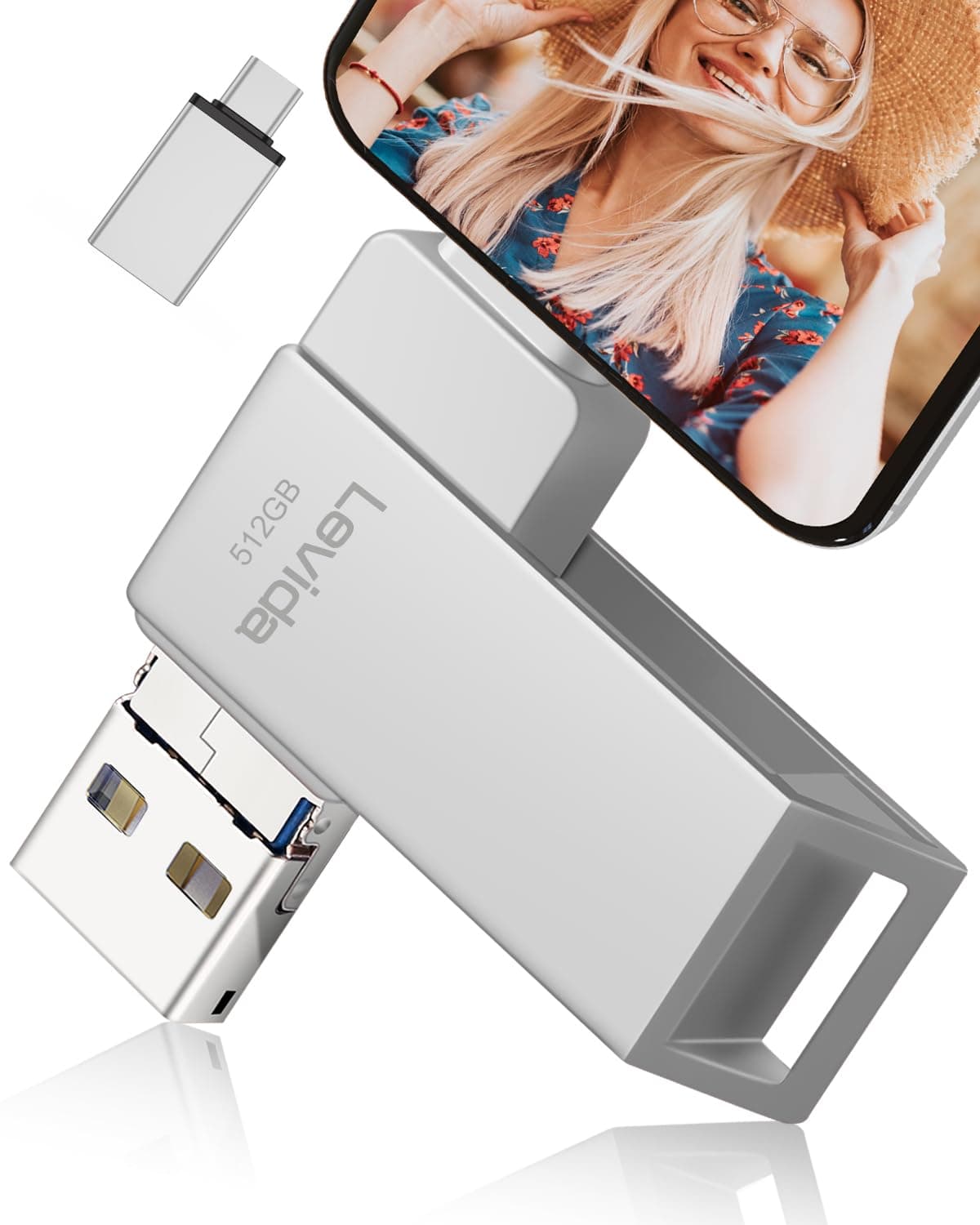Levida Pendrive para Phone,Memoria USB 512GB para i Phone 4 en 1 Memoria Externa USB 3.0,Photo Stick,Flash Drive USB Memory Stick para iOS,Android,Smartphone,Tablet,Laptop,PC,Foto/Video- Plata