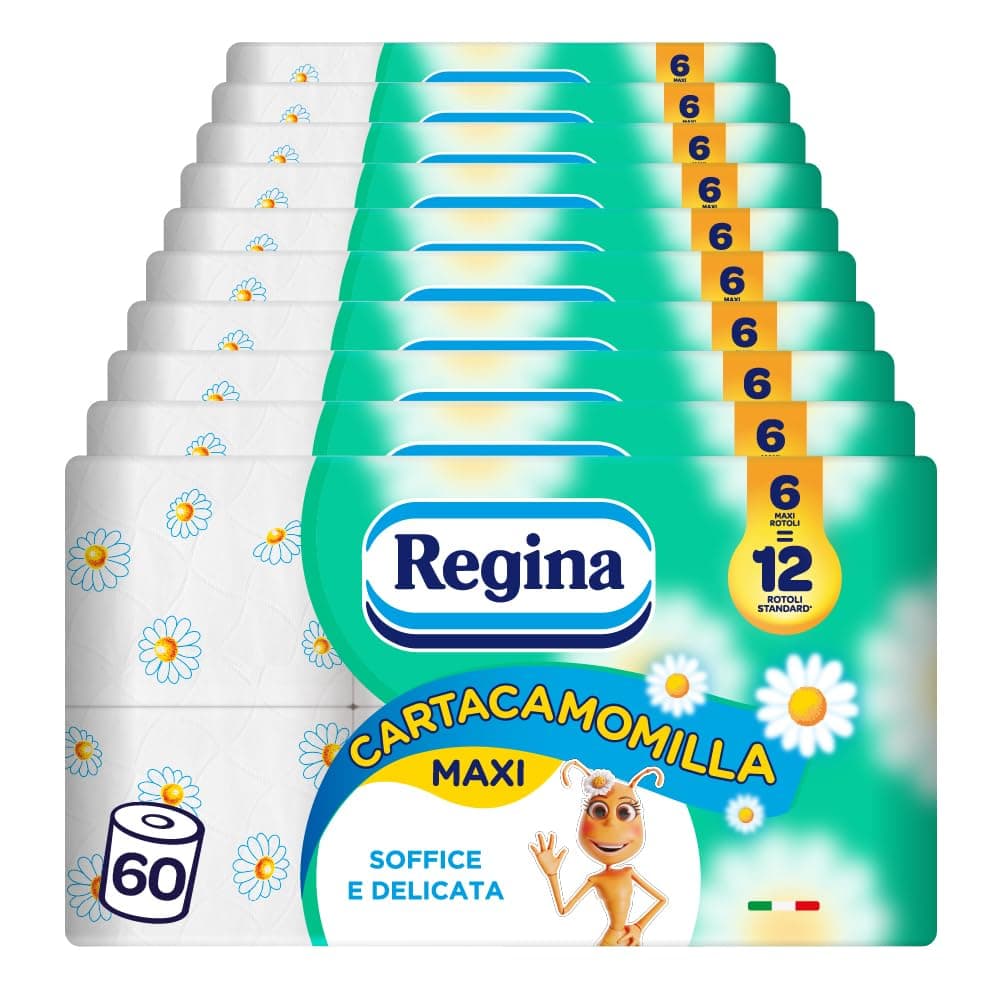 Regina Cartacamomilla - 60 Rotoli di Carta Igienica, 300 Soffici Fogli a 3 Veli, Delicata e Consistente, Profumo di Camomilla, Confezione in Carta Riciclabile, Carta 100% Certificata FSC