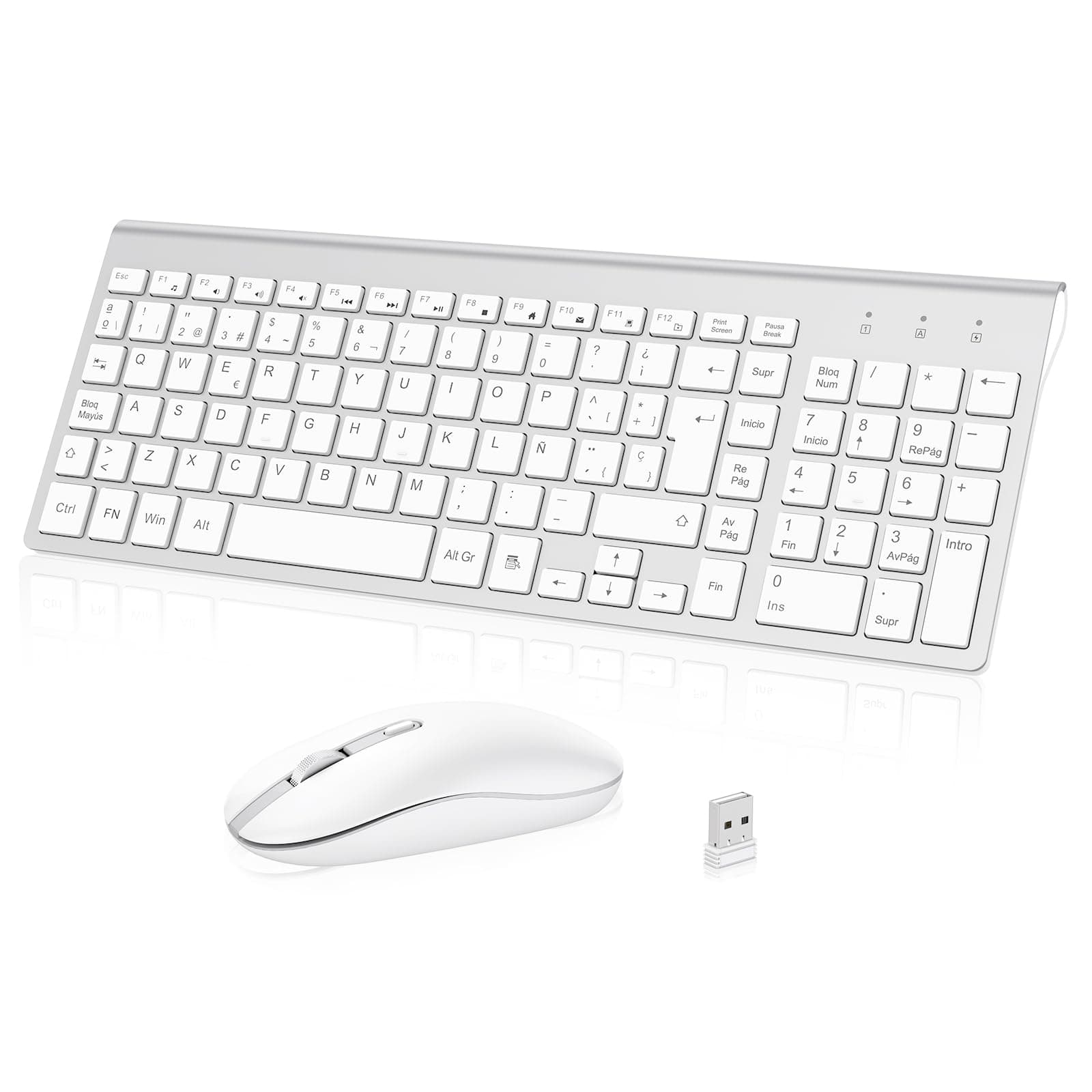Cimetech Teclado y Raton Inalámbrico Ultra Delgado 2.4G(QWERTY Español) | Silencioso Combo Teclado y Ratón Inalambrico para PC/Laptops/Ordenador/Escritorio (Blanco y Plata)