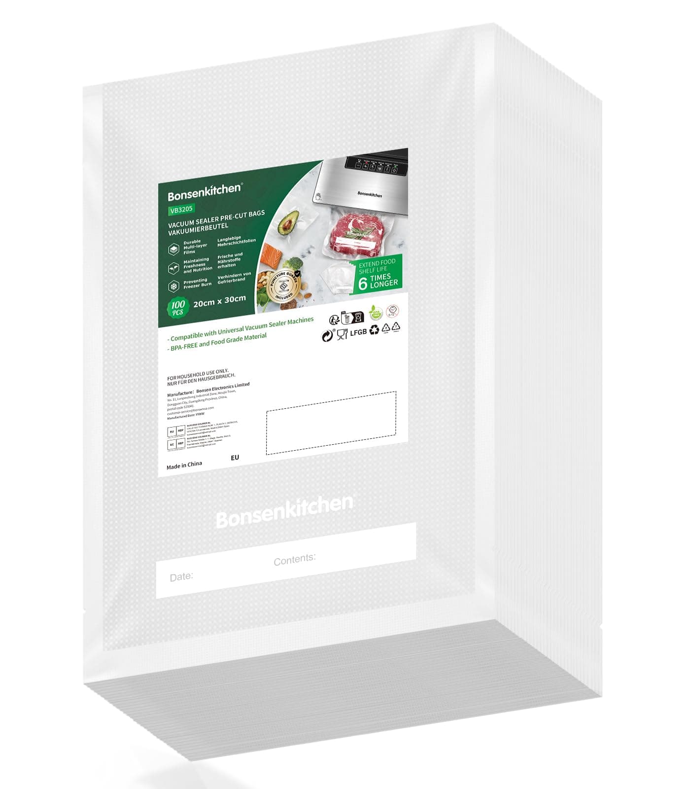 Bonsenkitchen Sacchetti Sottovuoto per Alimenti 100 Buste 20x30cm per Macchine Sottovuoto, Sacchetti Sottovuoto Goffrati per La Conservazione Degli Alimenti e La Cottura Sottovuoto, Senza BPA, VB3205