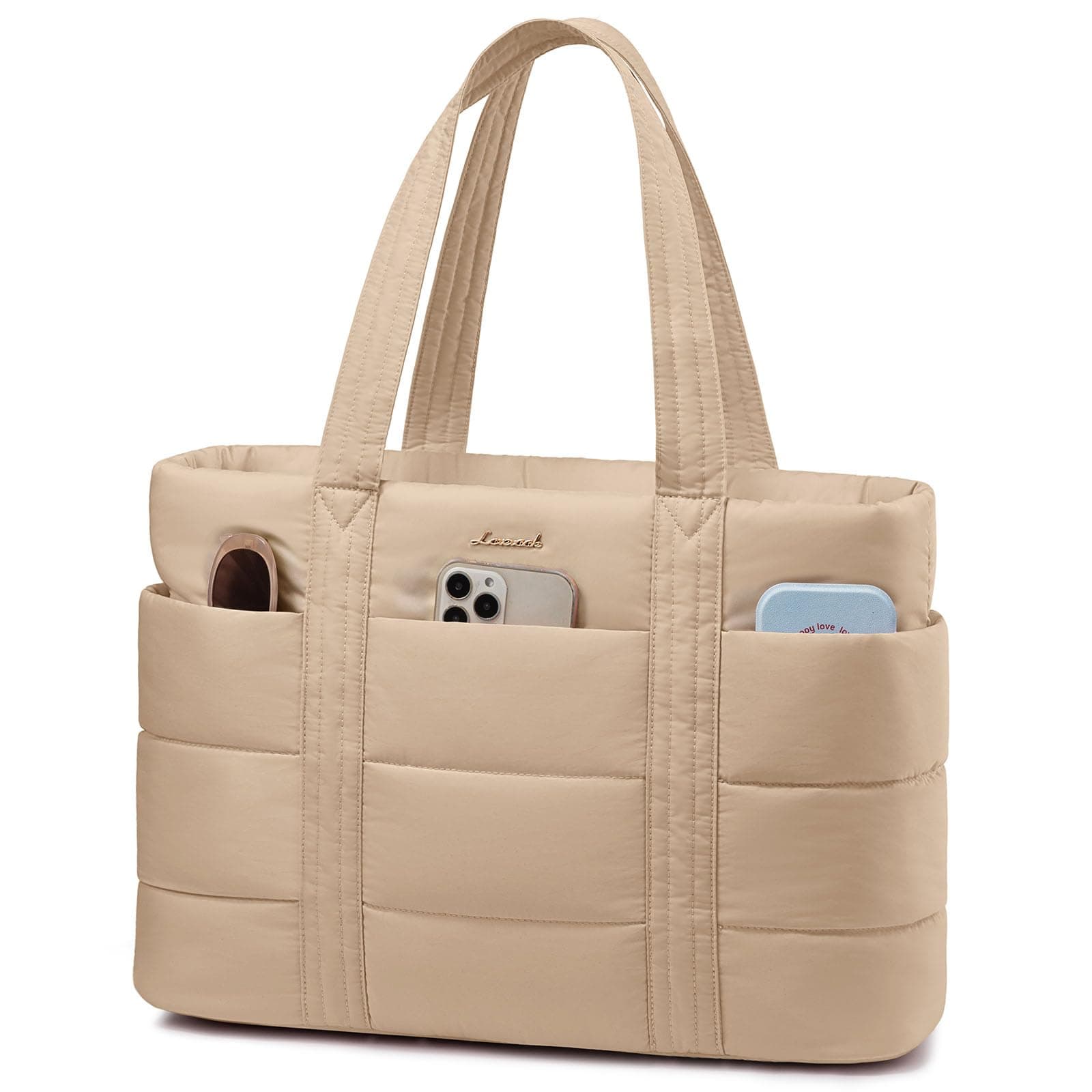 LOVEVOOK Laptoptasche Damen 17,3 Zoll, Shopper Tasche Groß Puffer Handtasche Arbeitstasche, Lehrertasche Tote Bag Schultertasche Bürotasche Aktentasche Women Handbags für Uni Business Schule, Khaki