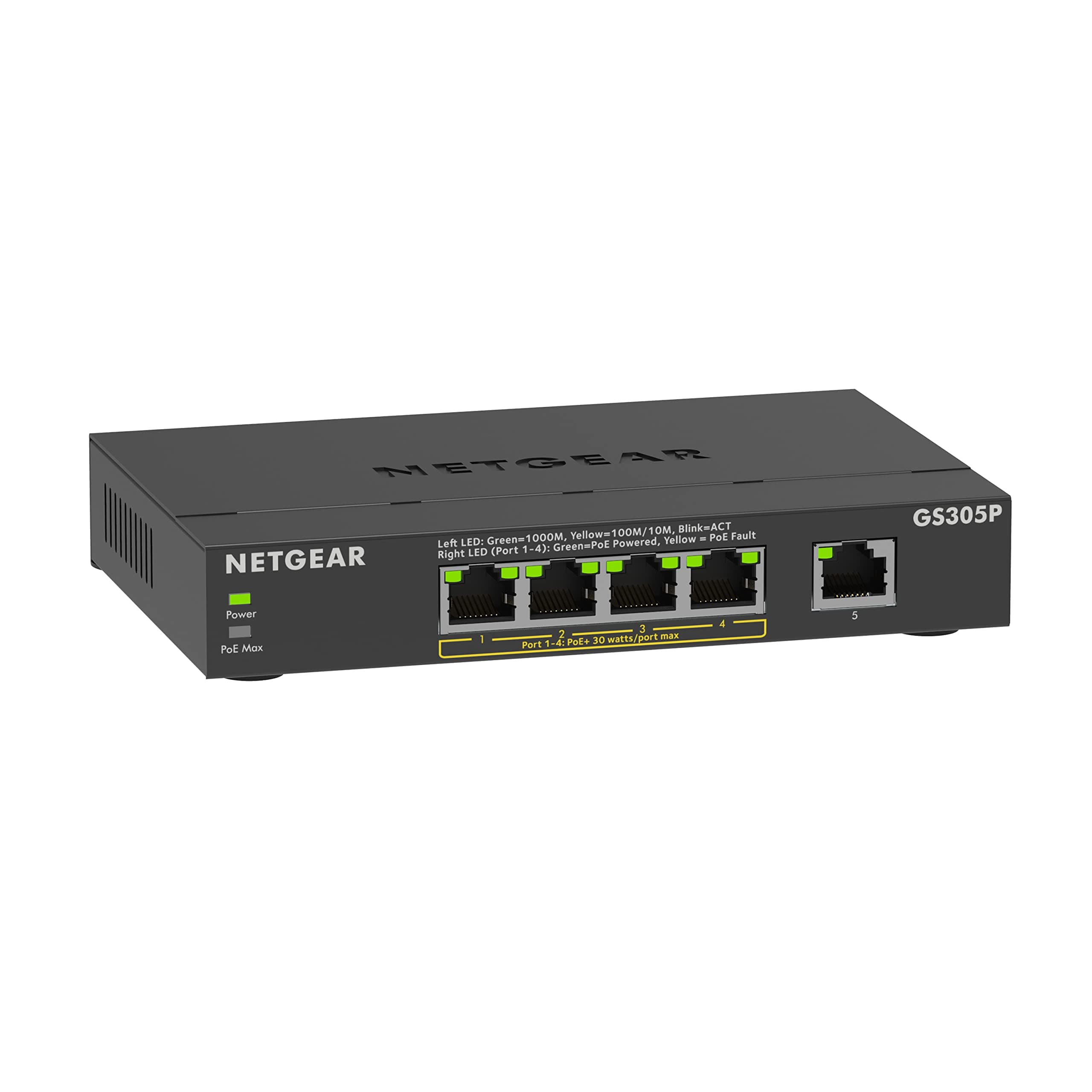 NETGEAR PoE Switch 5 Port Gigabit Ethernet LAN Switch PoE+ mit 4 Port bei 63 W (GS305P), Desktop- oder Wandbefestigung
