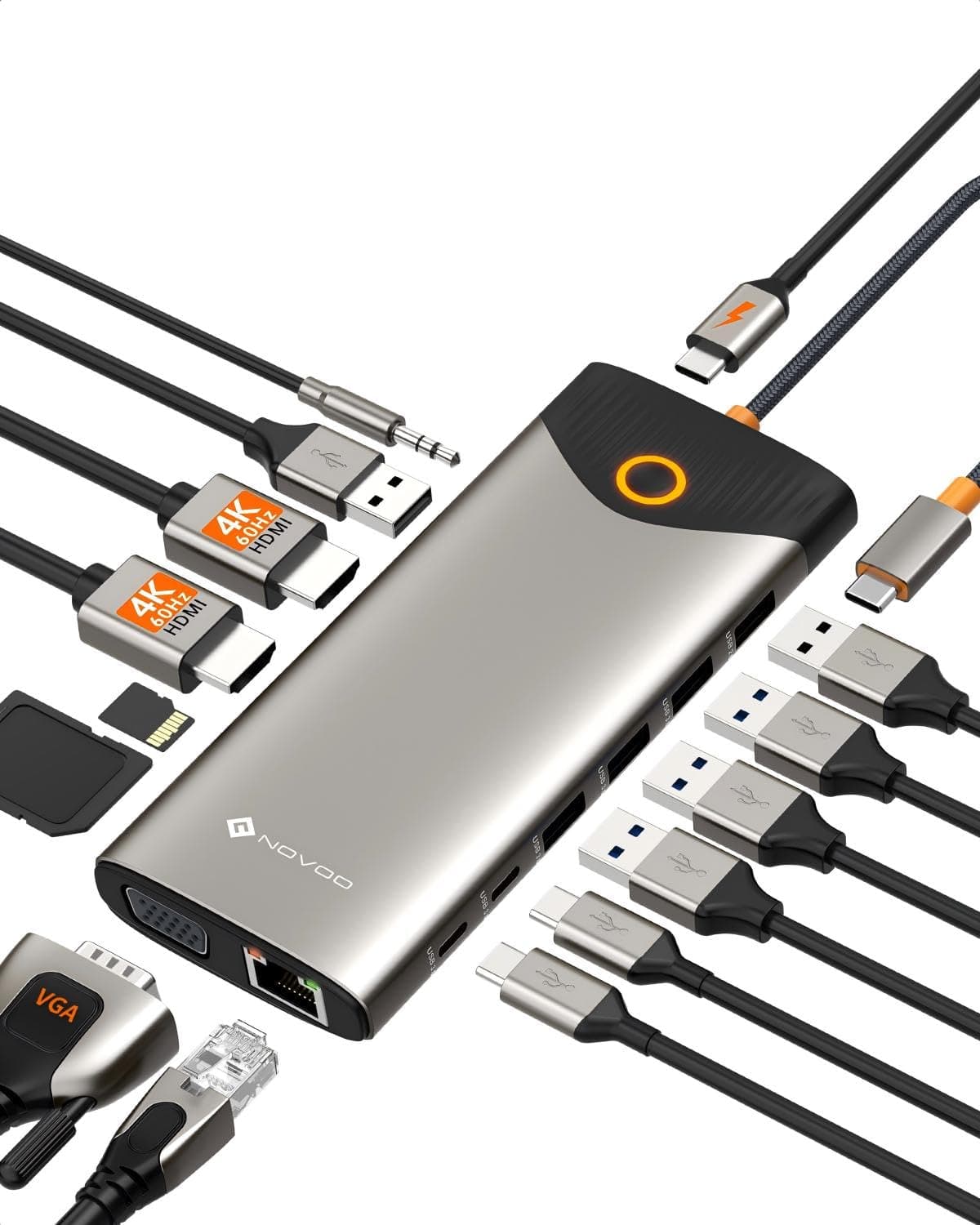 NOVOO Docking Station d'accueil USB C, 15-en-1, 2 HDMI 4K@60Hz, VGA, USB-C/A 5Gbps, Lecteur SD/TF, Ethernet Gigabit, 100W PD – Bouton on/Off Écran Externe, Dock Polyvalent pour PC Portable, MacBook