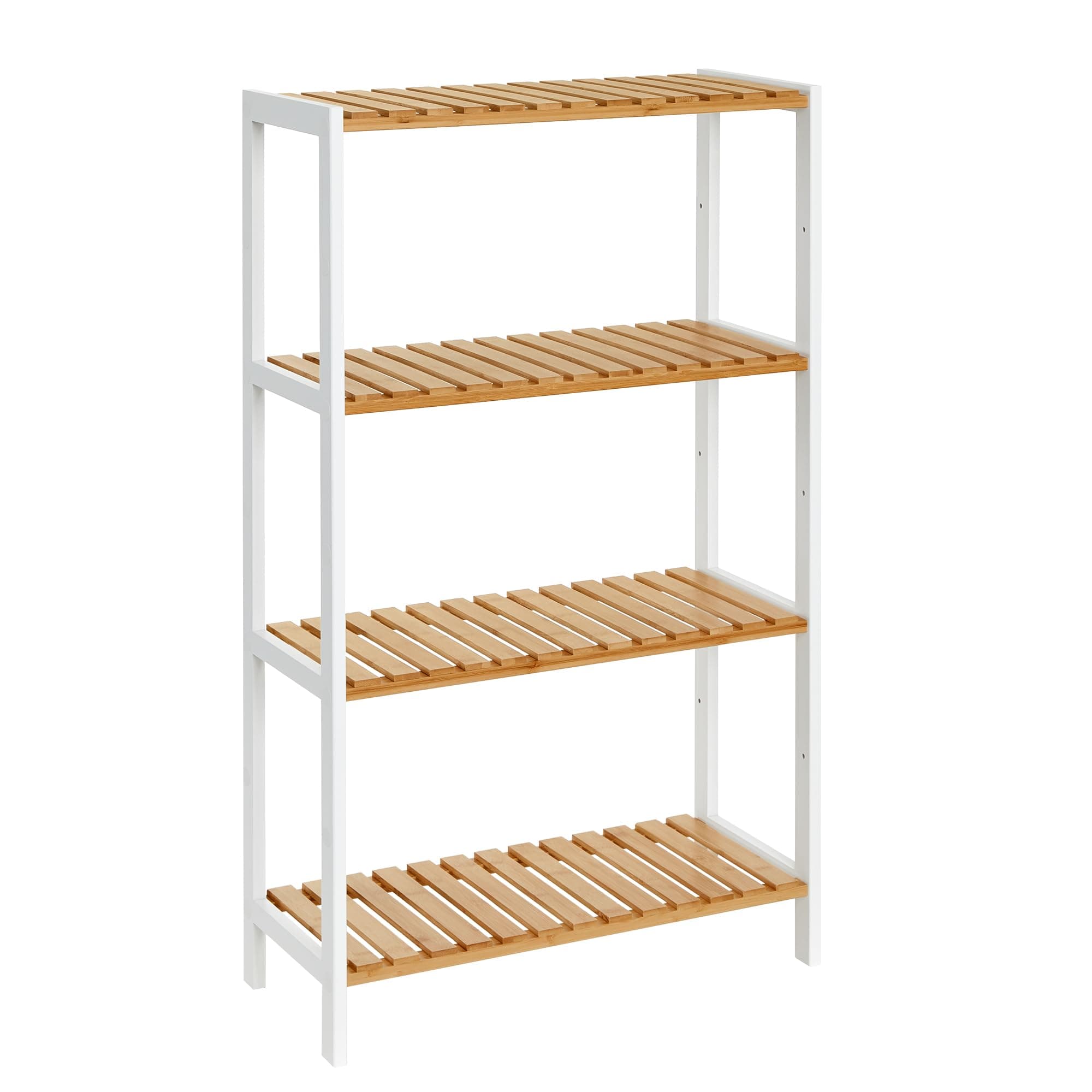 SONGMICS Badezimmerregal, Badregal, Küchenregal, Schuhregal mit 4 Ebenen, Standregal aus Bambus, 26 x 60 x 100 cm, für Bad, Wohnzimmer, Flur, Küche, wolkenweiß-naturbeige BCB034N01