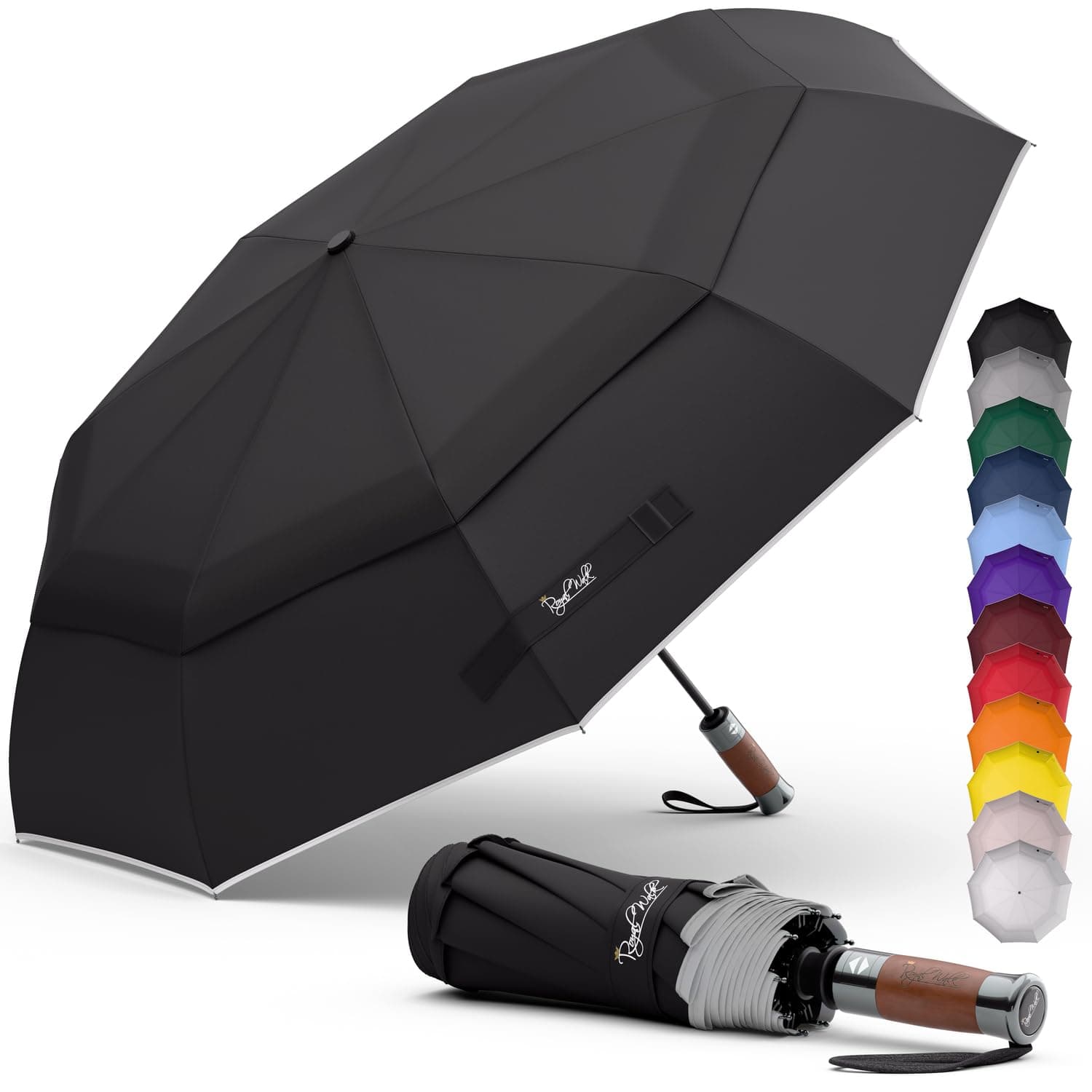 Royal Walk – Parapluie de voyage pliable, coupe-vent, compact et solide avec poignée en bois véritable, ouverture et fermeture automatique, double auvent ventilé, pour homme et femme, Noir , L,
