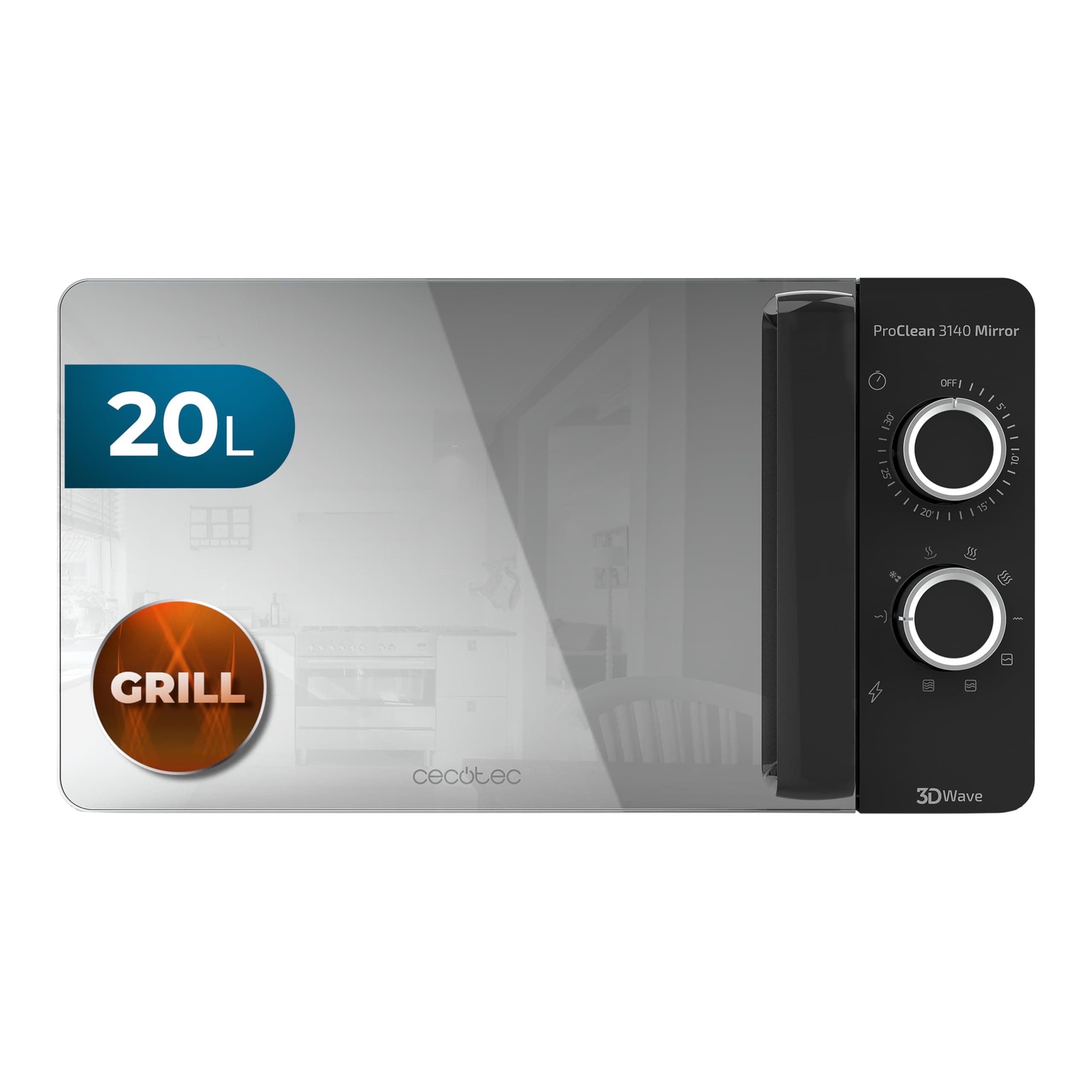 Cecotec Micro-ondes avec Gril ProClean 3140 Mirror. Capacité de 20 L, Revêtement Ready2Clean, 700 W de Puissance, Gril 800 W, 6 niveaux, Minuterie 30 minutes, Mode Décongeler , Finition Noir.