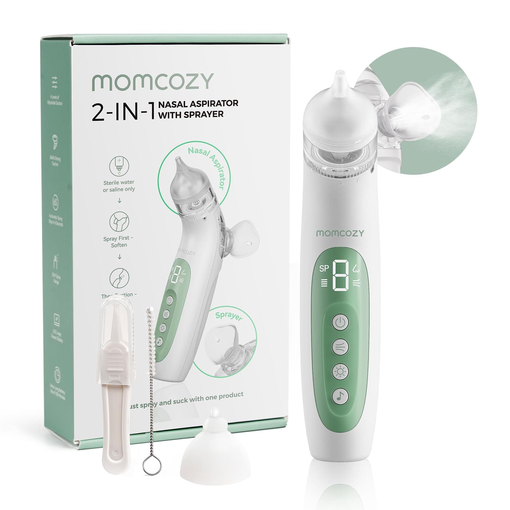 Momcozy BN007 BreezyClear Nasensauger Baby elektrisch, 2-in-1 mit Sprühfunktion, 65 kPa Saugkraft, 4 Stufen, leise & tragbar, mit Licht & Musik