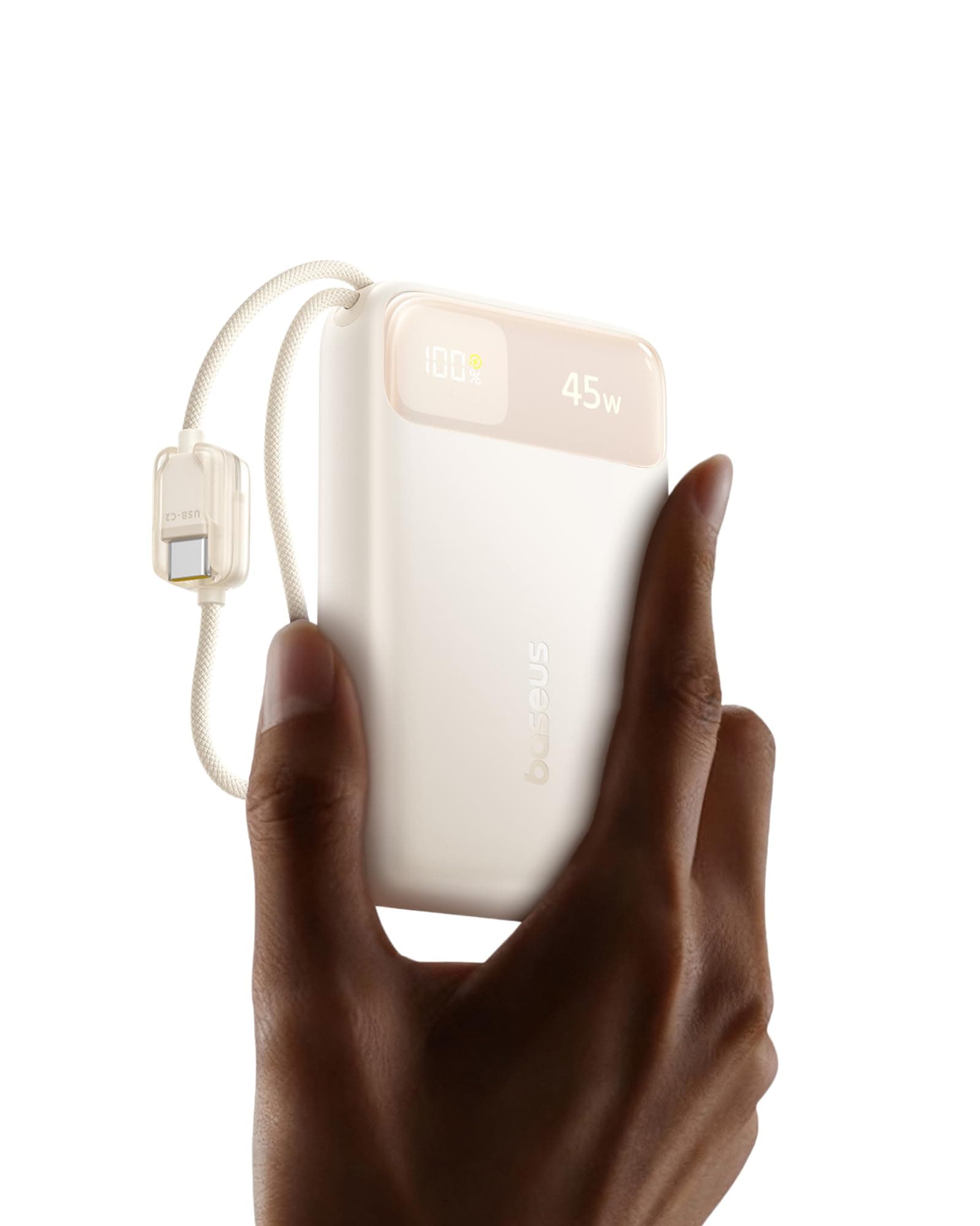 Baseus FC11 Powerbank 45W 20000mAh mit CCC Zertifizierung, Power Bank Klein mit 2 Integriertem USB-C Kabel, Externe Handyakkus Mini für iPhone 17/16/15/14 Pro Max, iPad, Samsung, Weiß