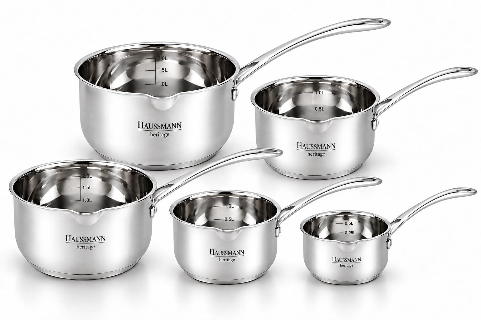 HAUSSMANN heritage – Lot de 5 casseroles en inox, 12 à 20 cm | Tous feux dont induction, bords verseurs et graduations intérieures. Compatibles avec le four et le lave-vaisselle