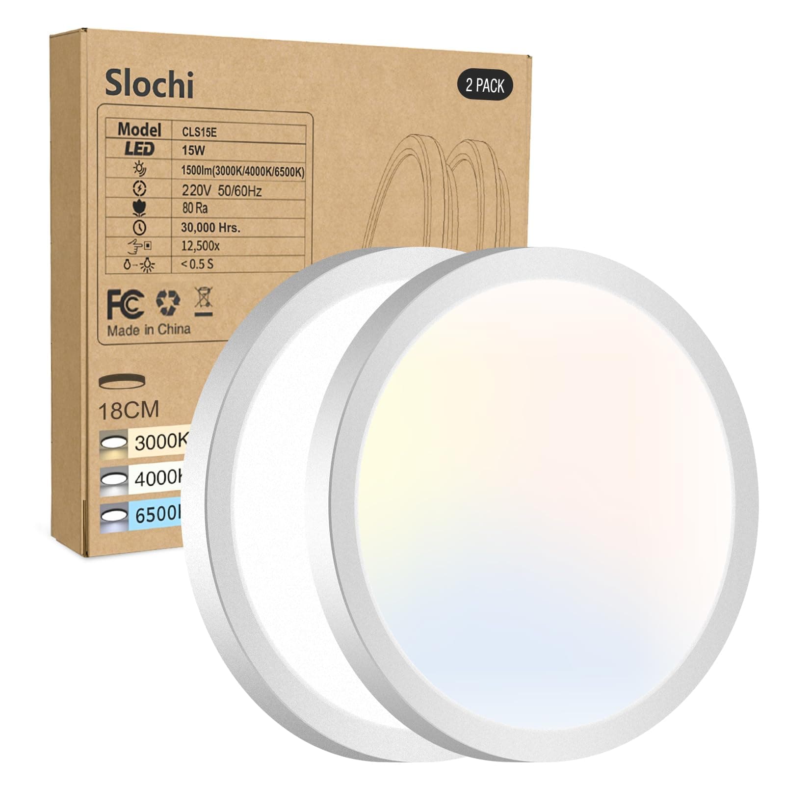 slochi 2 Pezzi Plafoniera LED Soffitto, 3000K/4000K/6500K IP44 Impermeabile Lampada da Soffitto, 1500LM 15W Plafoniera Bagno per camera da letto, Cucina, Soggiorno, Balcone, Ø18cm