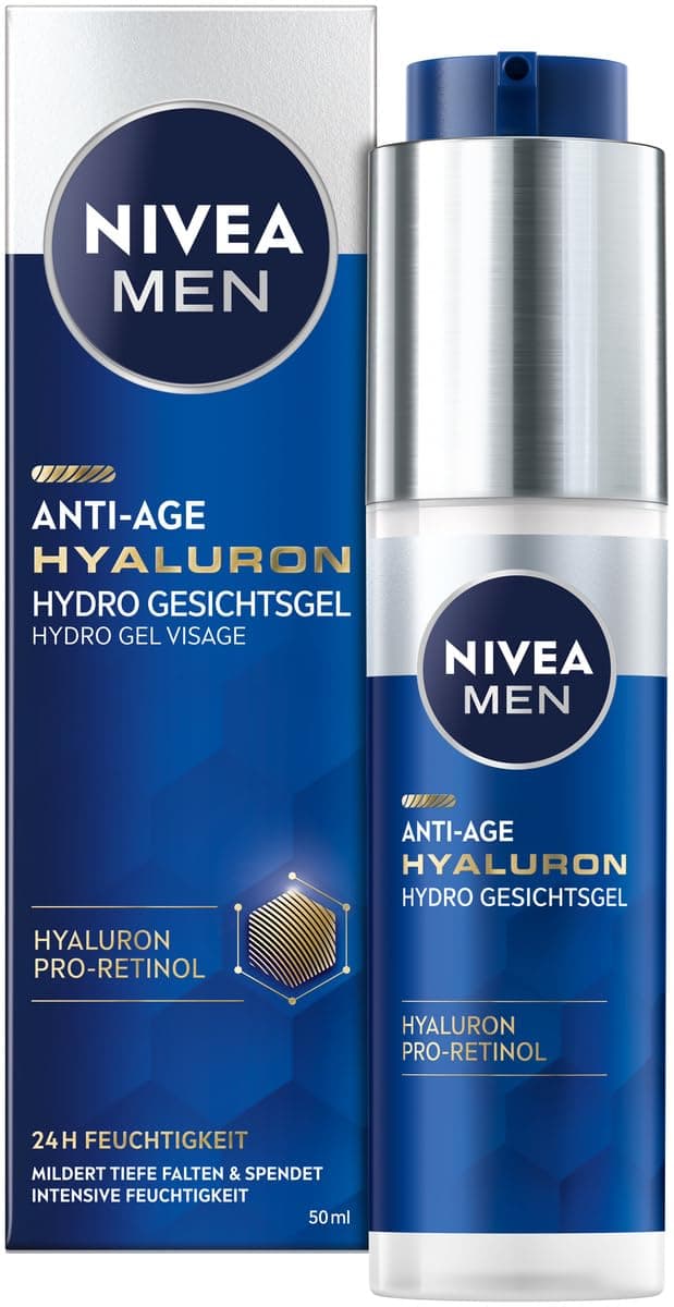 NIVEA MEN Anti-Age Hyaluron Hydro Gesichtsgel, Gesichtspflege für Männer mit Hyaluron und Pro-Retinol, schnell einziehendes Gel für 24h intensive Feuchtigkeit und sichtbare Faltenmilderung (50 ml)