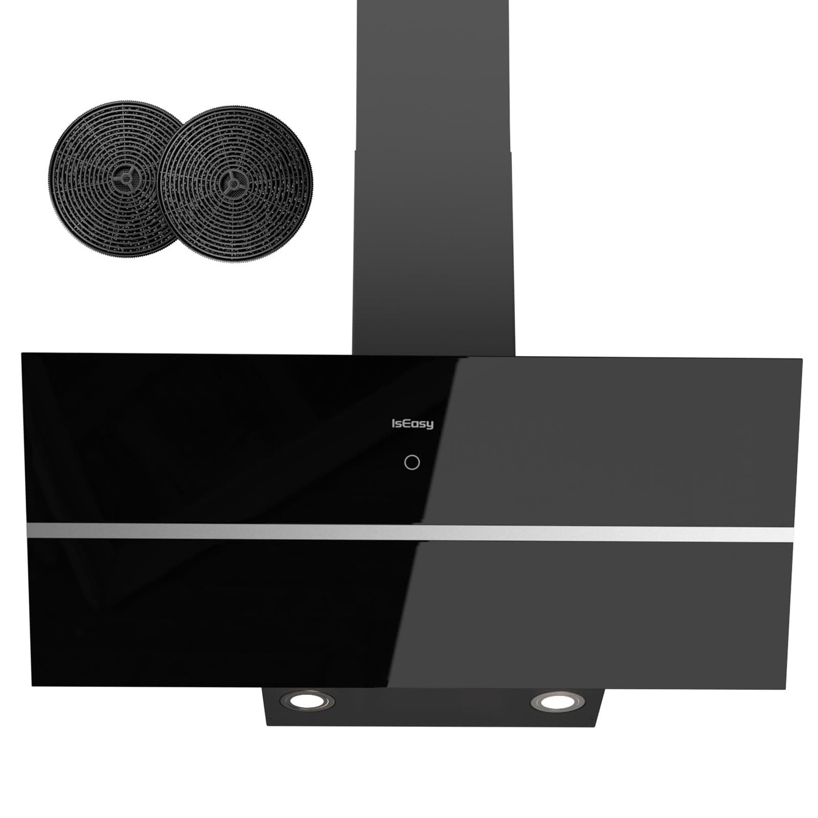 IsEasy Cappa Aspirante 90 cm con 578 m³/h Forte Potenza di Aspirazione, Cappa Cucina 90 cm di Scarico/Ricircolo, 4 Livelli di Regolazione, Ritardo 1-9 Minuti, 58 dB, Nero, Efficienza A++