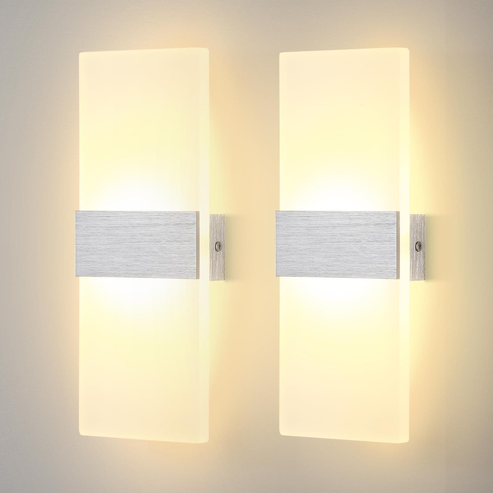 Lightsjoy 2 Piezas Apliques Pared Interior 12W Acrílico Lámpara de Pared LED Moderna,Hacia Arriba Hacia Abajo Iluminación Interior para Decoració para Dormitorio Salón y habitación, Blanco Cálido