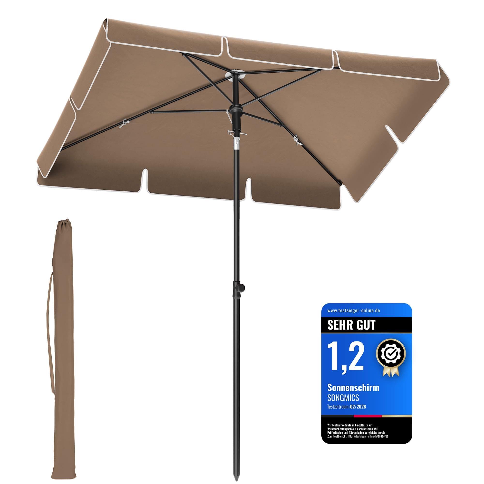 SONGMICS Sonnenschirm 200 x 125 cm, Balkonschirm UPF 50+, Sonnenschutz, beidseitig um 30° knickbar, höhenverstellbar, Aufbewahrungstasche, für Garten, Terrasse, ohne Ständer, walnussbraun GPU025K25