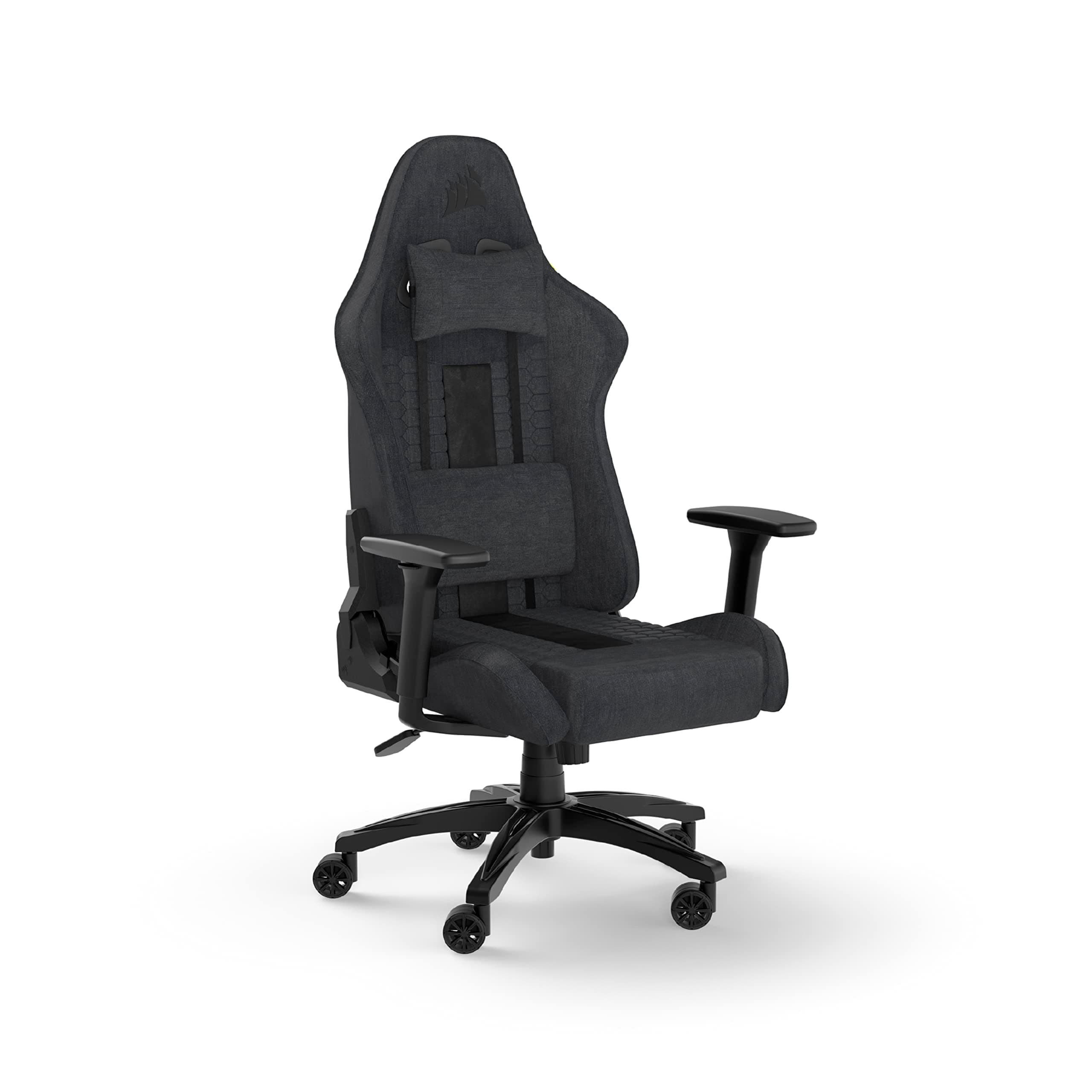 Corsair TC100 Relaxed Silla para Juegos - Fabric - Diseño Inspirado en Las Carreras - Cojín Lumbar - Almohada Cervical Extraíble de Espuma Viscoelástica - Reposabrazos Ajustables - Gris y Negro