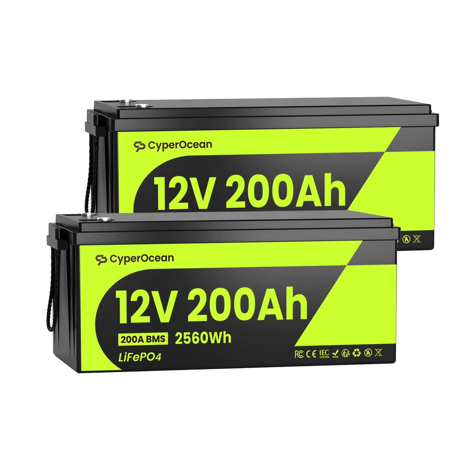 CyberOpean 2 PACK Batteria LiFePO4 12V 200Ah, 5120Wh Totale Celle Grado A, BMS 200A per Batteria, 6000+ Cicli, IP65, per Camper Solare Off-Grid e Carrelli Elettrici