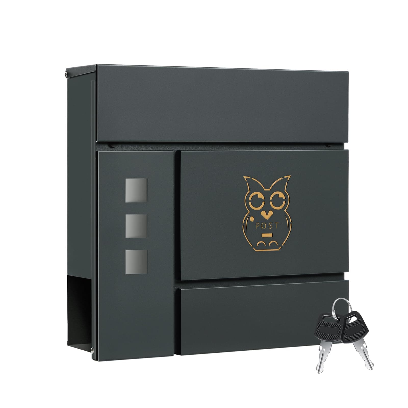 WOLTU XXL Briefkasten, Postkasten mit Zeitungsfach, Aufkleber gegen unerwünschte Werbung, Sichtfenster, Wandbriefkasten abschließbar, 2 Schlüssel, einfache Montage, 10,5 x 37 x 37 cm, Anthrazit