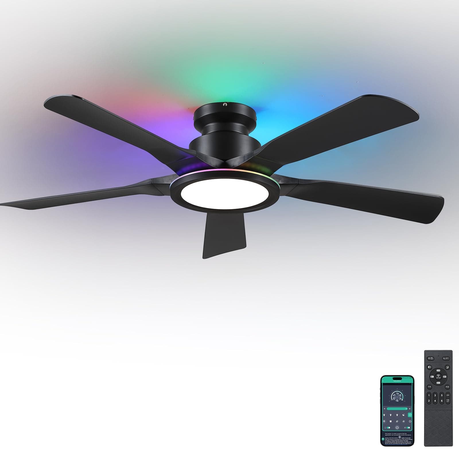 Kviflon RGB Ventilateur Plafond avec Lumiere Silencieux 132 cm, Ventilateur de Plafond Avec Telecommande et APP, Plafonnier Ventilateur Led pour Chambre Salon, Pales en ABS, Moteur Réversible, Noir