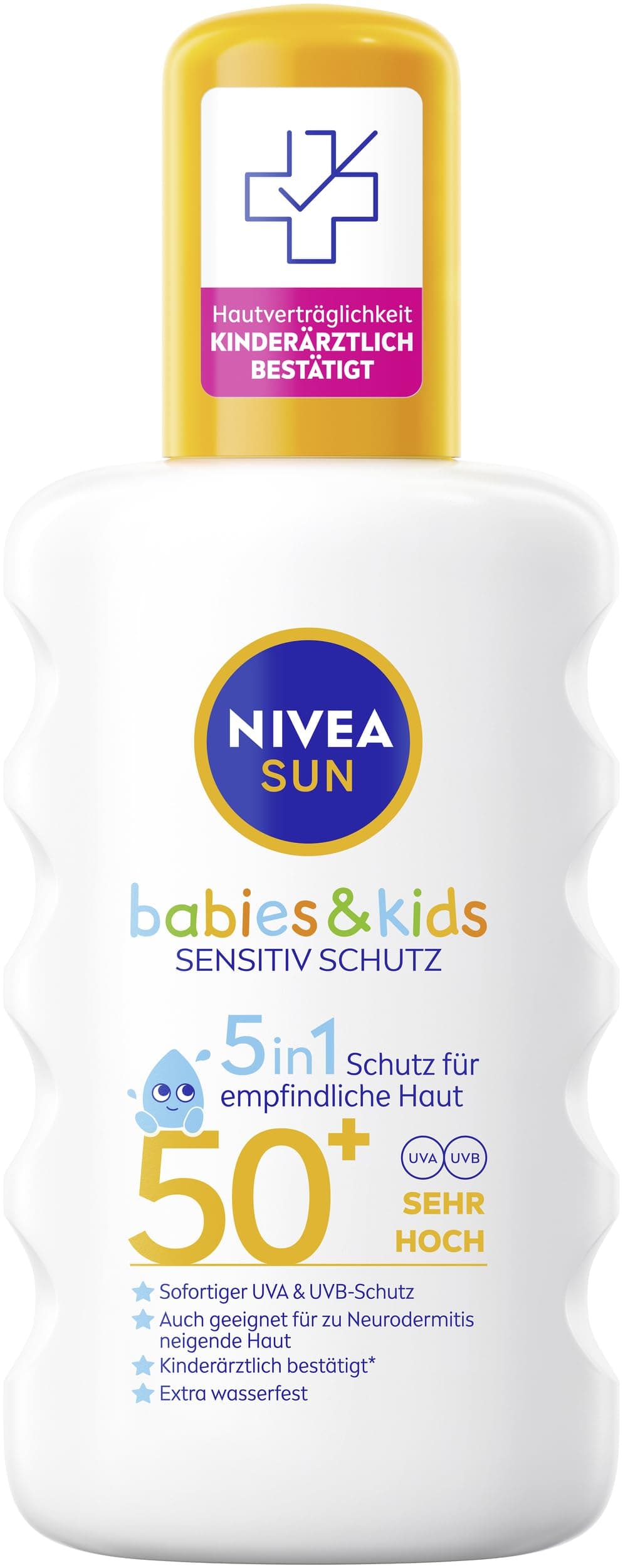 NIVEA SUN Babies & Kids Sensitiv Schutz 5in1 Sonnenspray LSF 50+, extra wasserfestes Sonnencreme Spray für Kinder, duftfreier Sonnenschutz auch für zu Ekzemen neigende Haut (200 ml)