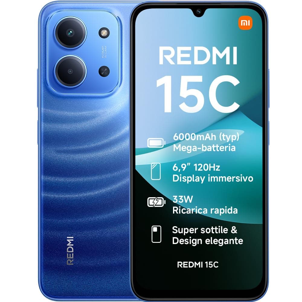 XIAOMI Redmi 15C, Smartphone 4+128GB, Display 6,9" 120Hz, 7,99mm, MediaTek Helio G81-Ultra, Dual camera da 50MP, Mega batteria da 6000mAh, Garanzia 2 anni, Blu, Caricabatterie non incluso