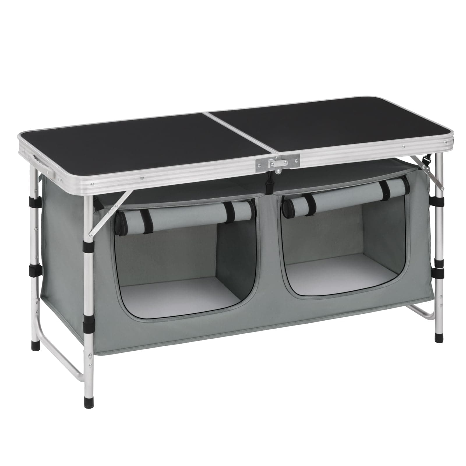 WOLTU faltbar Campingschrank Alu Campingtisch Höhenverstellbar mit Stauraum, Outdoor Campingmöbel Klapptisch Gartentisch für Picknick Strand im Freien, Schwarz+Grau