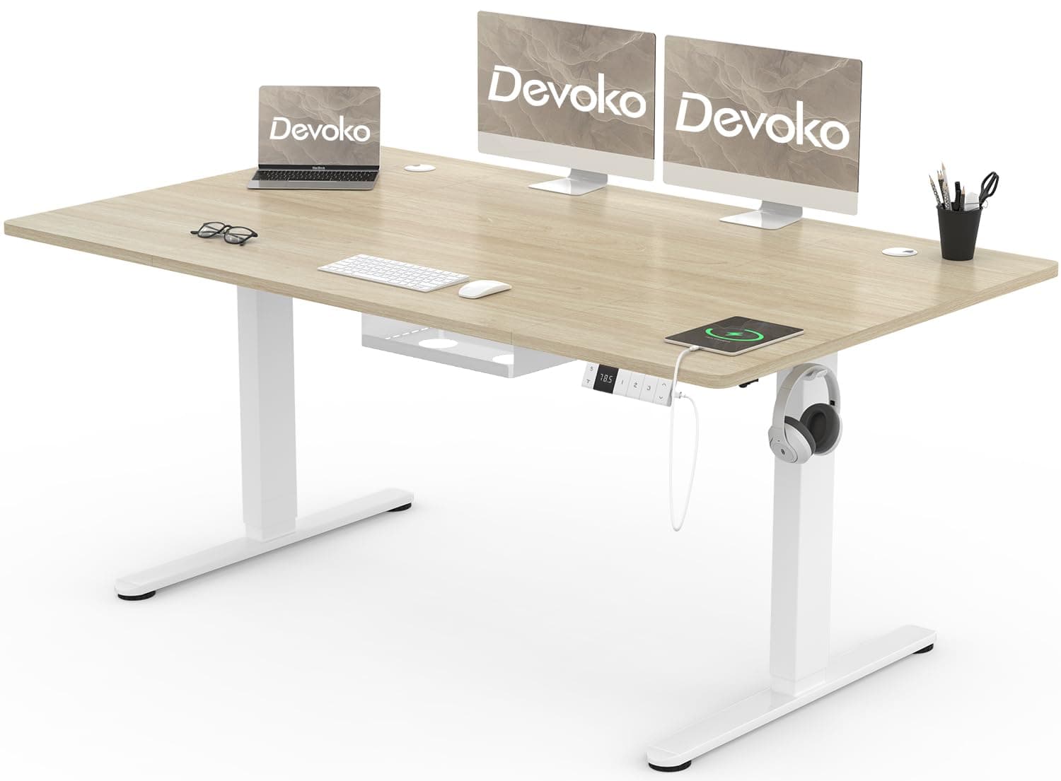 Devoko Escritorio Elevable 160x80cm con Tablero de 18 mm, Ruedas y Puerto Type-C, Escritorio Eléctrico, Regulable en Altura con Bandeja de Gestión de Cables (Beige)