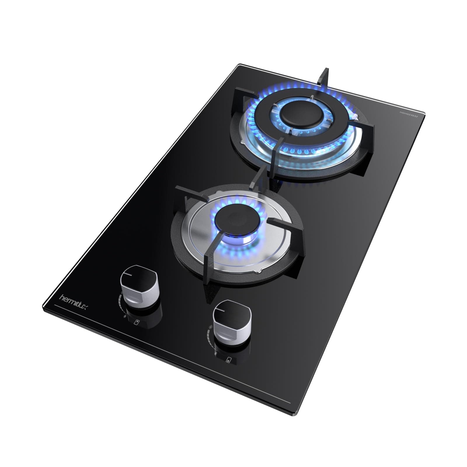 Hermitlux Plaque de Cuisson Gaz 2 Feux Encastrable, 4300W, 30cm, Gaz Ville et Bouteille, Verre Noir