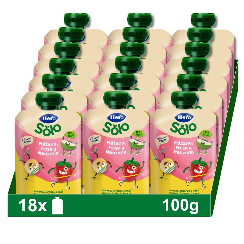 Hero - Bolsitas con Plátano, Fresa y Manzana, Para Bebés a Partir de los 12 Meses - Pack de 18 x 100 g, El embalaje puede variar