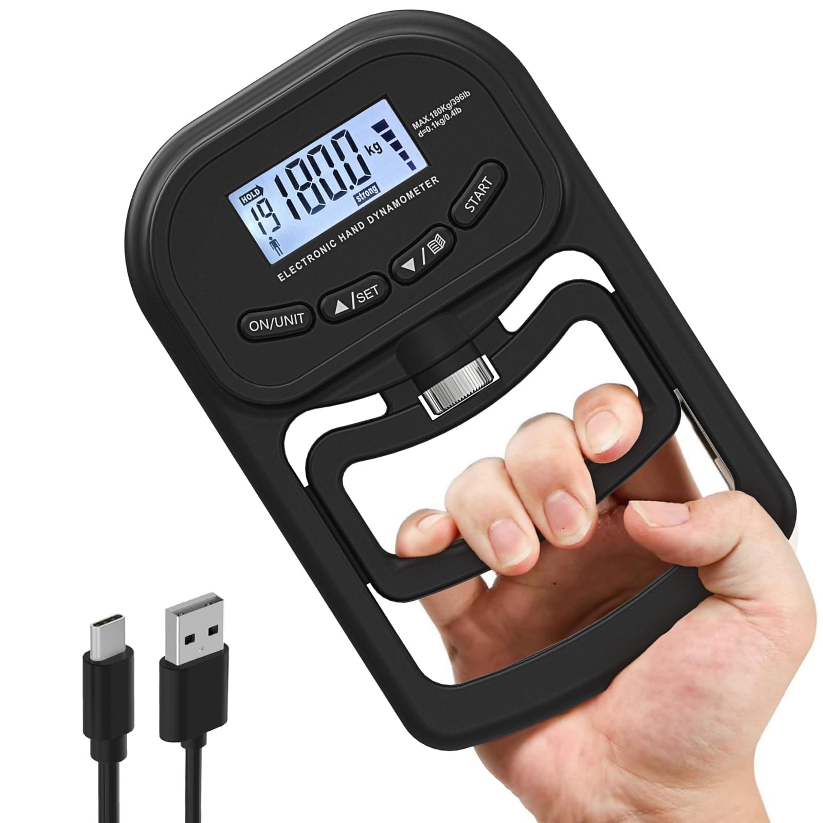 inaepeak Entrenador de fuerza de agarre de 180 kg, dinamómetro de mano electrónico recargable, probador de fuerza de agarre digital con pantalla LCD, dinamómetro de agarre ajustable para ejercitadores