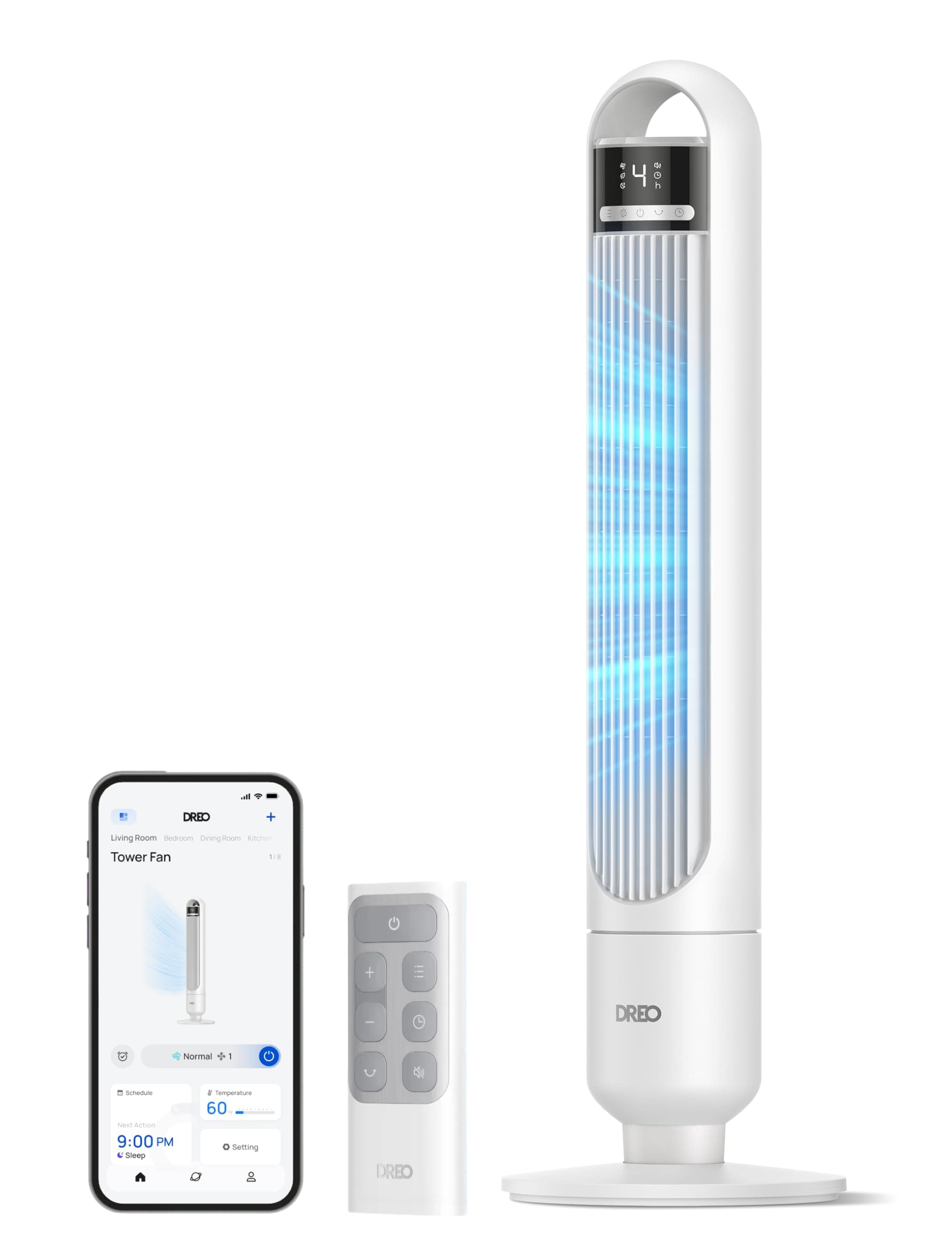 DREO ventilateur colonne intelligent pour chambre à coucher, ventilateur sur pied silencieux de 28 dB, portée d’air jusqu’à 8,8 m, 4 vitesses & 3 modes, minuterie 8H,Alexa & Google, oscillation à 90°