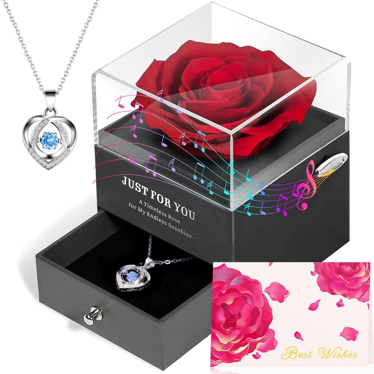 ADDWel Regalo Festa della Mamma, Rosa Eterna con Carillon e Collana Regalo Donna Rosa Stabilizzata Idea Regalo per Mamma Anniversario Compleanno e Natale Regali per Lei, Fidanzata o Moglie